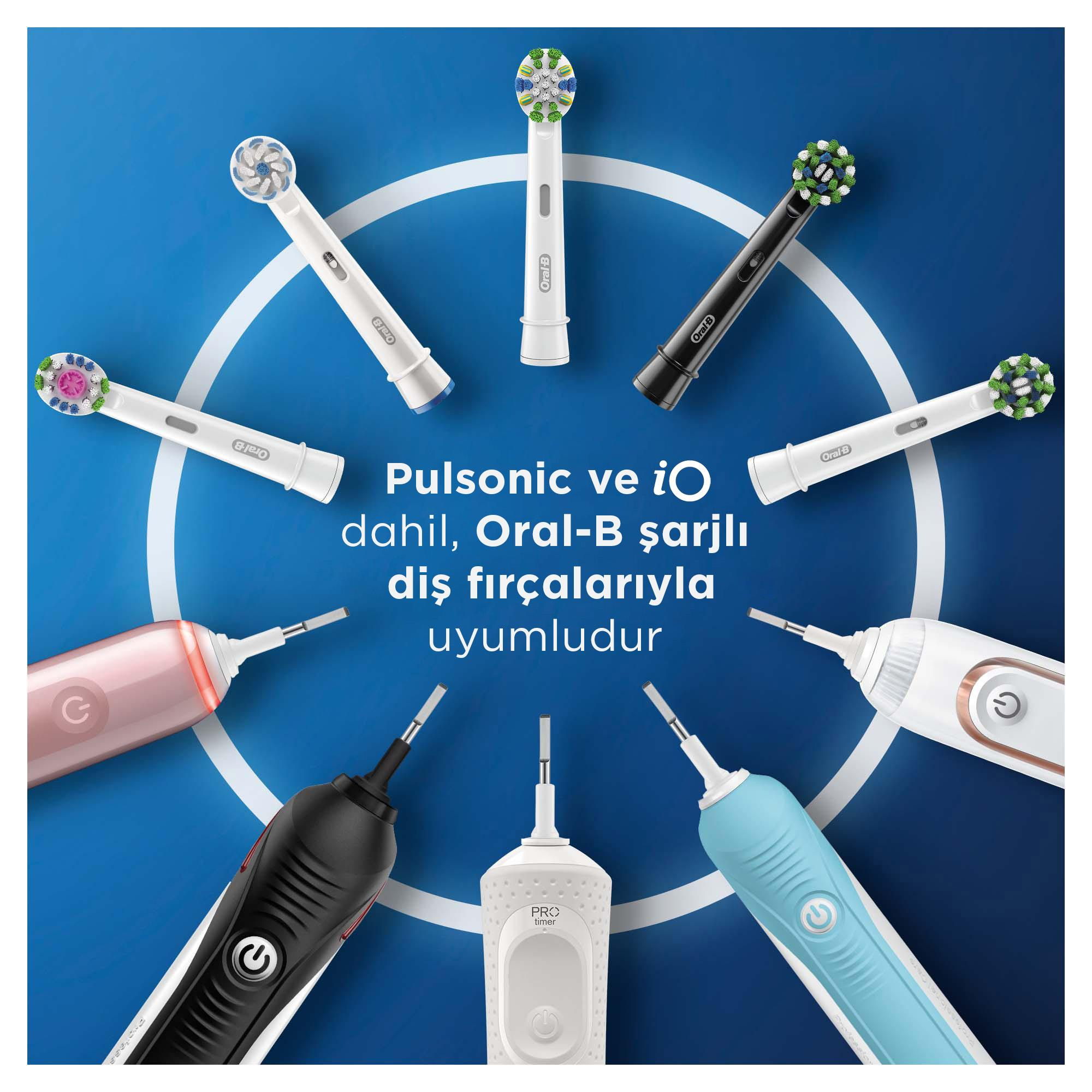 Mavi zemin üzerinde çeşitli Oral-B elektrikli diş fırçaları, metinle: Pulsonic ve iO ile uyumlu.