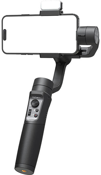 Egy fekete Honem okostelefon-stabilizátor, amire egy telefon van szerelve. Felül egy lámpa és egy vezérlőpanel található. A háttér fehér.