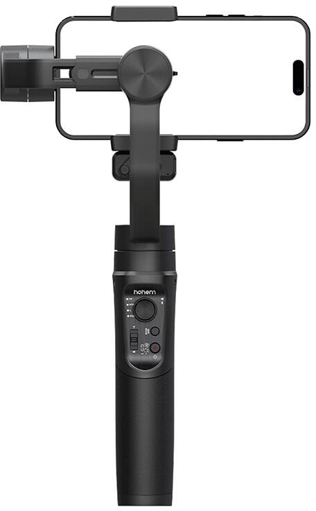 Fekete telefon gimbal, okostelefonnal. Gombok és kijelző van a fogantyún.