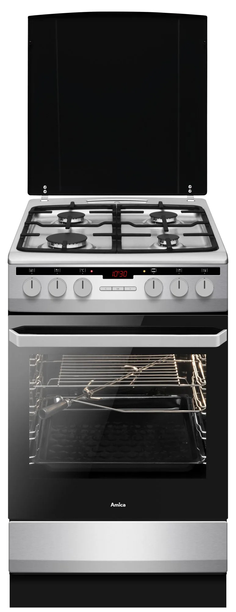 Piekarnik ze stali nierdzewnej z czarnym szklanym blatem i drzwiami. Drzwi piekarnika są otwarte, odsłaniając wnętrze i ruszt.