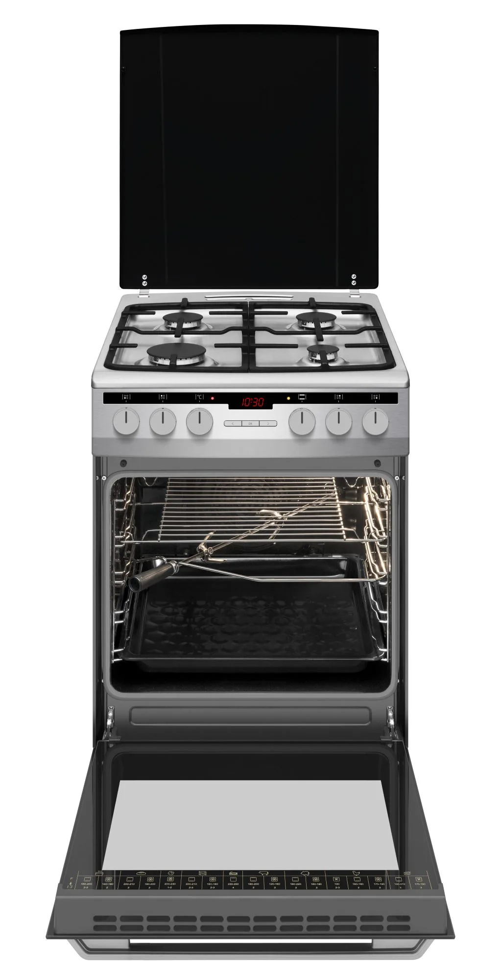 Srebrny piekarnik z otwartymi drzwiami, palnikami gazowymi na górze i otwartymi drzwiami piekarnika. Zegar pokazuje 10:30.