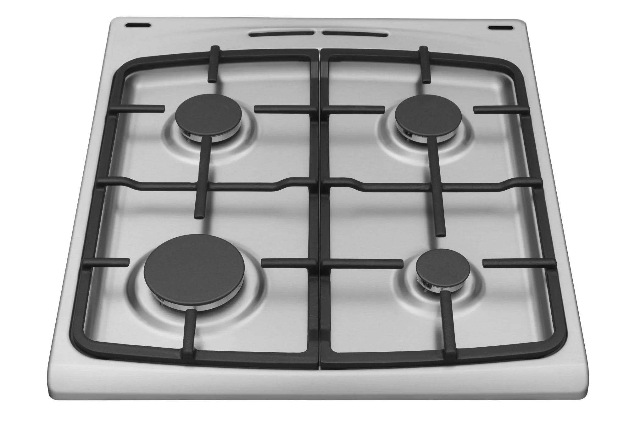 Kuchenka gazowa ze stali nierdzewnej z czterema czarnymi palnikami i rusztami. Kuchenka jest czysta i nieużywana.