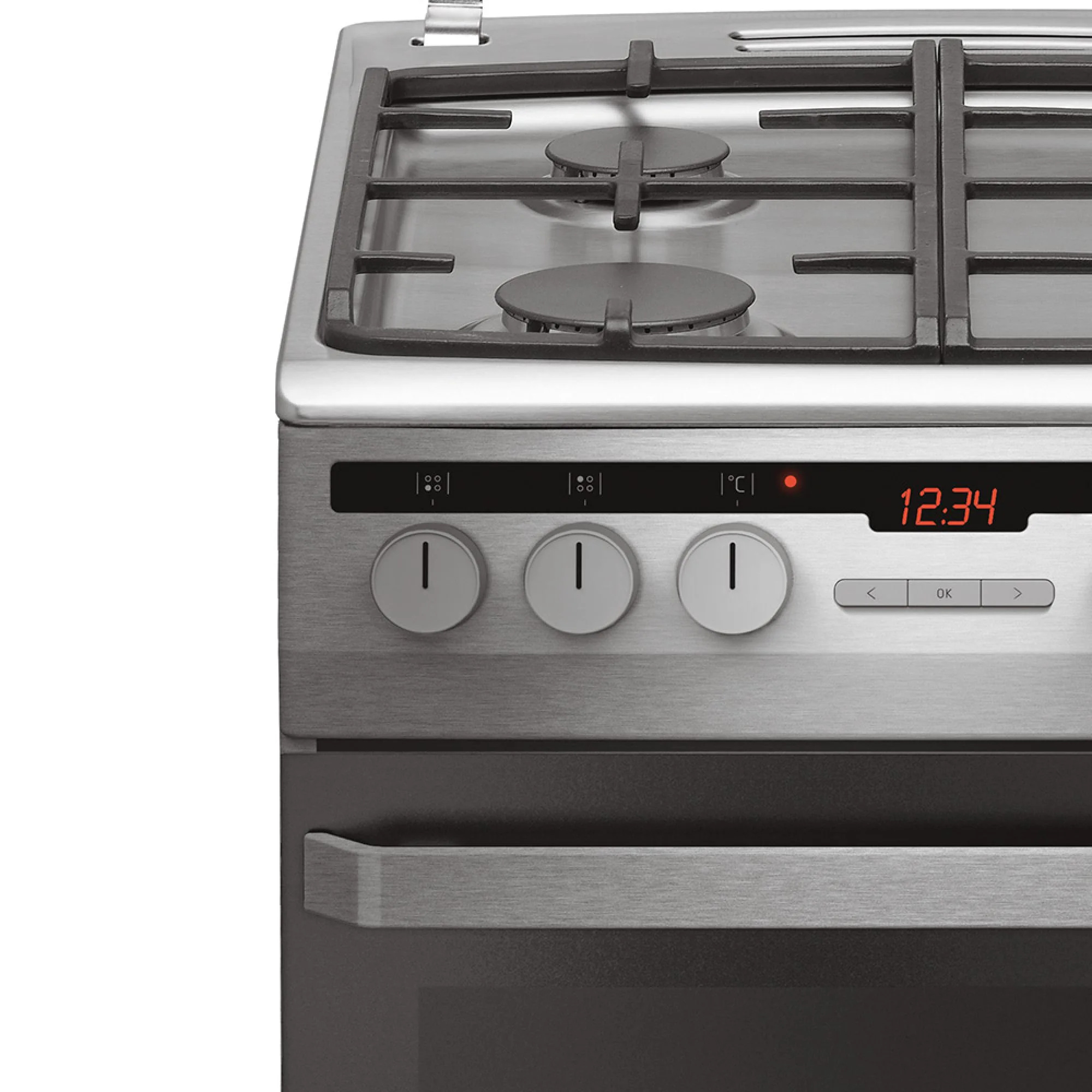 Płyta kuchenna ze stali nierdzewnej z palnikami i panelem sterowania pokazującym 12:34. Pokrętła pod wyświetlaczem.