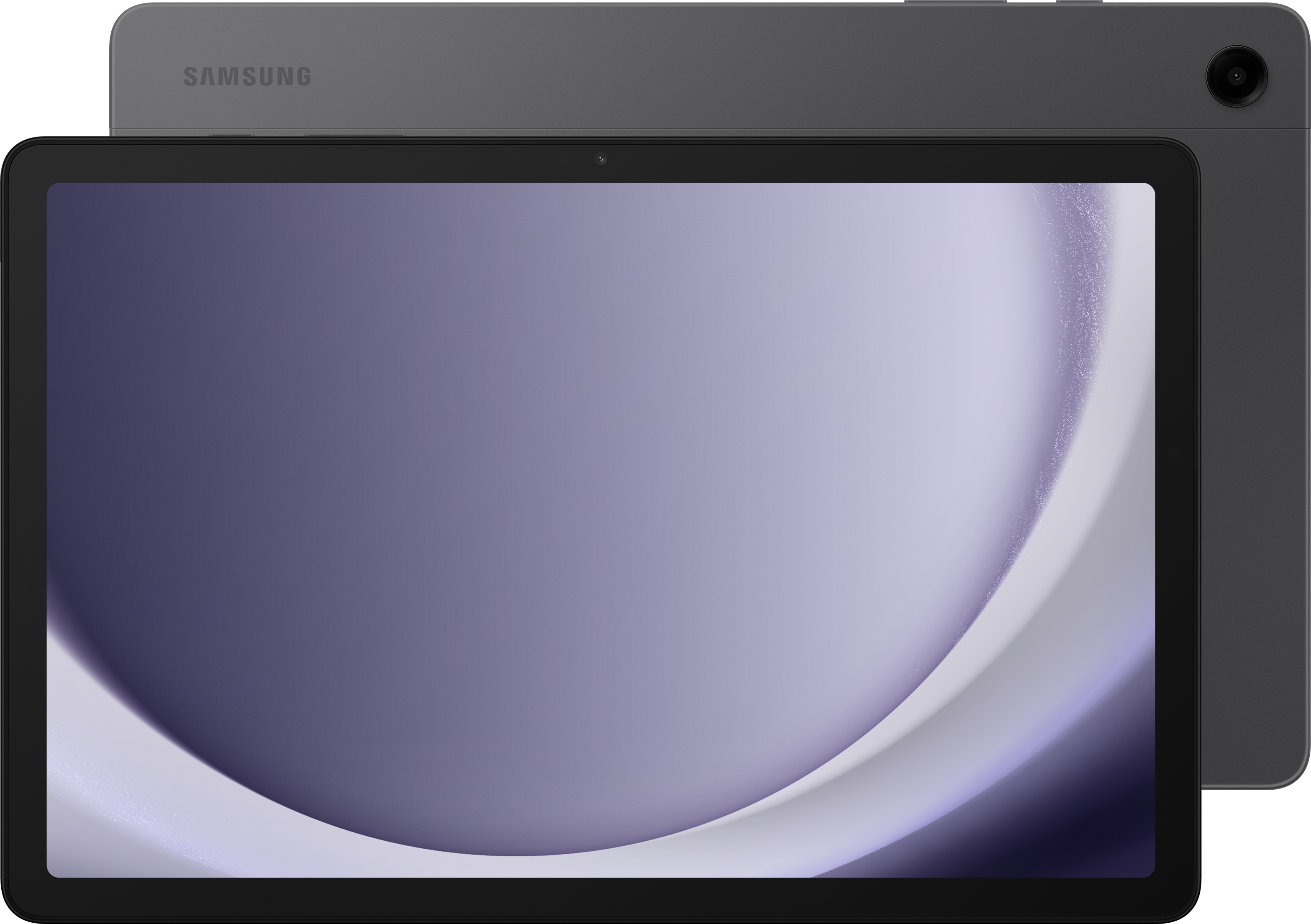 Graues Samsung-Tablet, Bildschirm zeigt ein lila und weißes Wirbeldesign. Auf der Rückseite ist eine Kamera zu sehen.