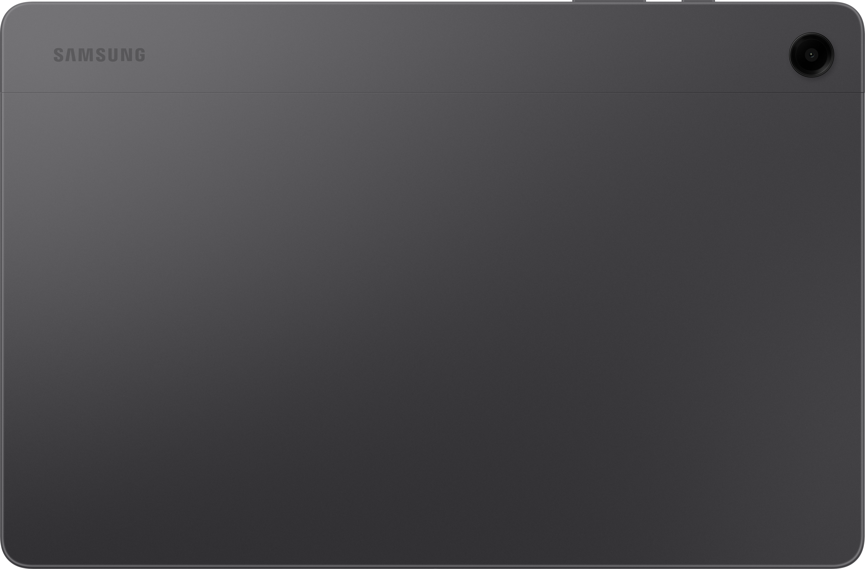 Rückseite eines dunkelgrauen Samsung-Tablets. Hat Kamera und Logo. Das Design ist flach.
