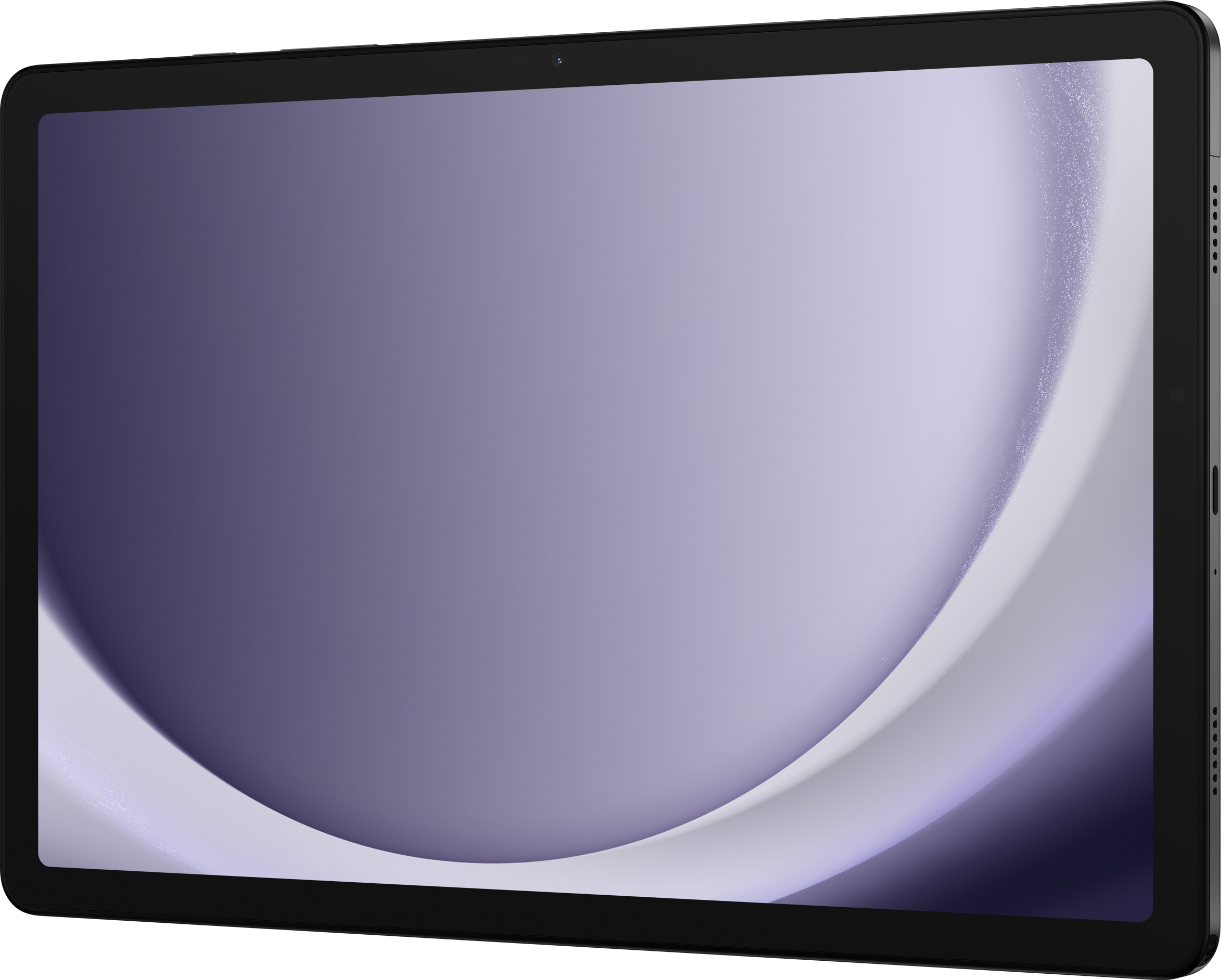 Tablet mit lila und weißem geschwungenem Design auf dem Bildschirm. Schwarze Ränder und Rahmen. Dunkler Hintergrund.