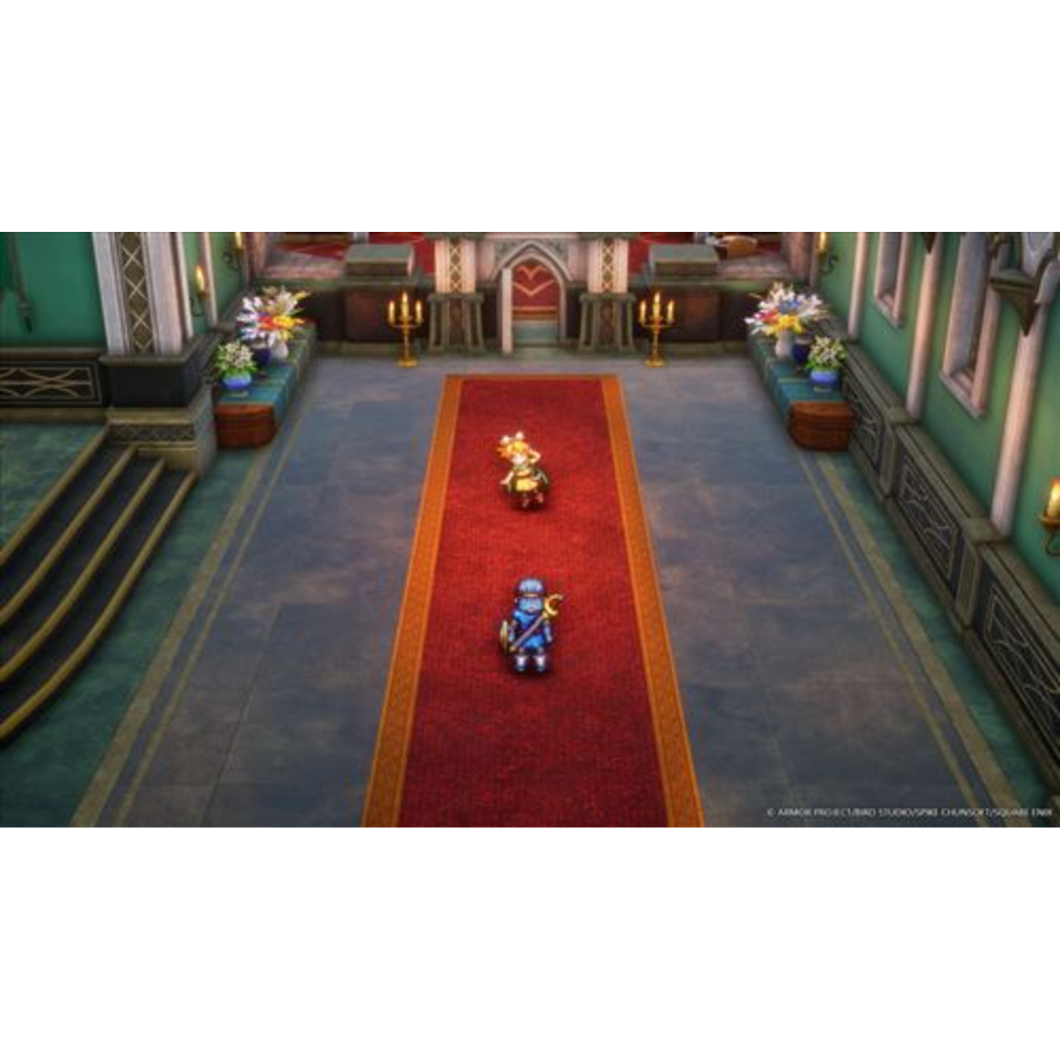 Two characters stand on a red carpet in a large hall. The hall has green walls, gold trim, and floral decorations.