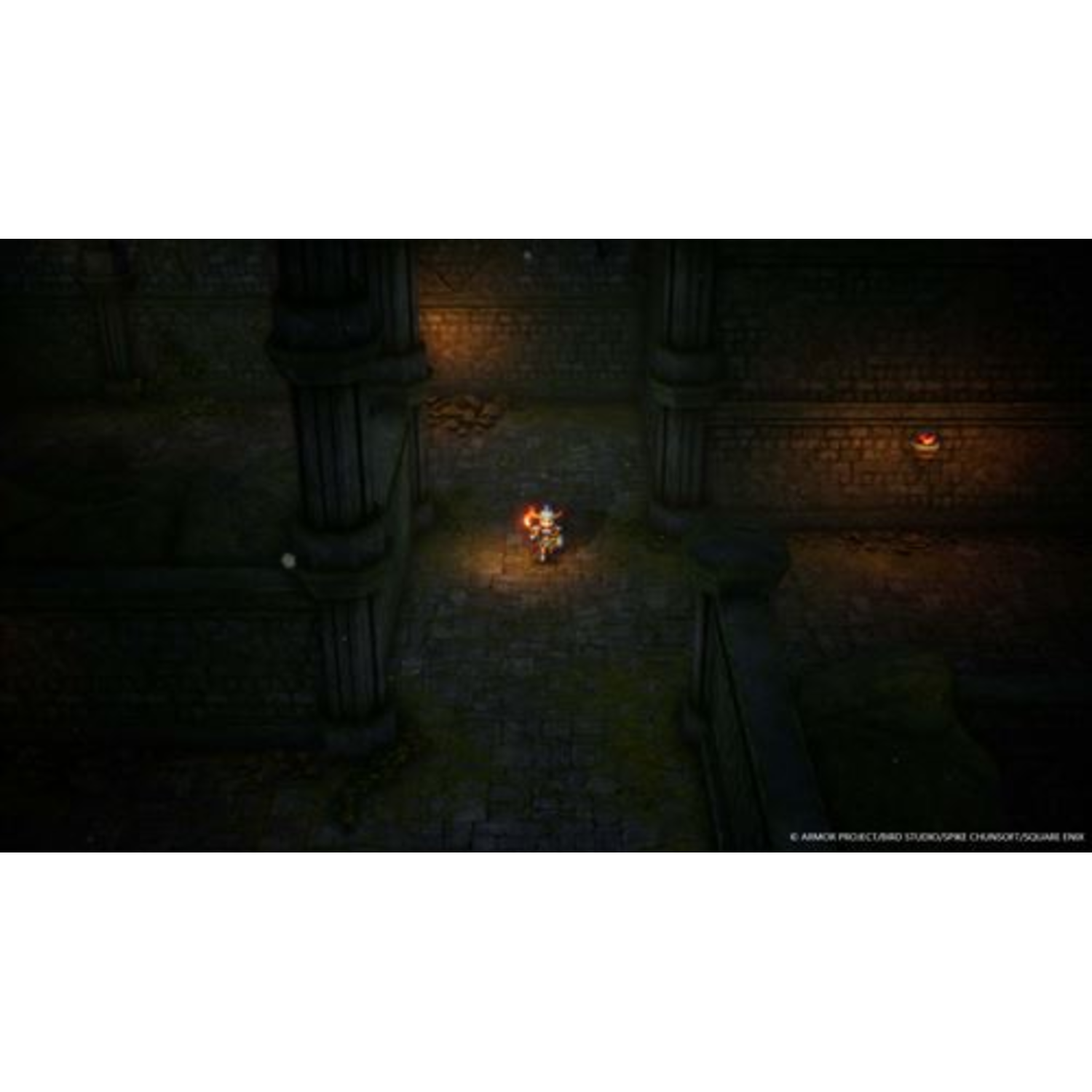 A character with a glowing weapon stands in a dark stone corridor. Walls have torch lights. The scene is from a video game.