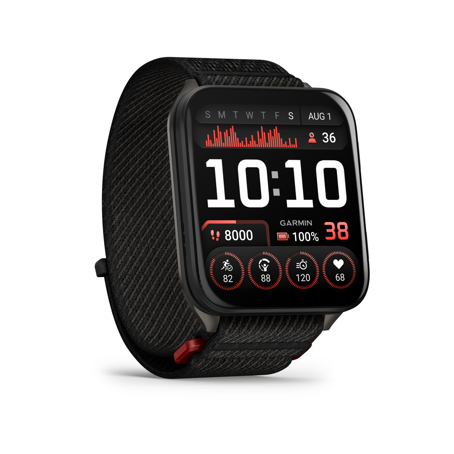 Zwarte smartwatch toont 10:10, 8000 stappen, hartslag 68, batterij 100% en diverse gezondheidsstatistieken.