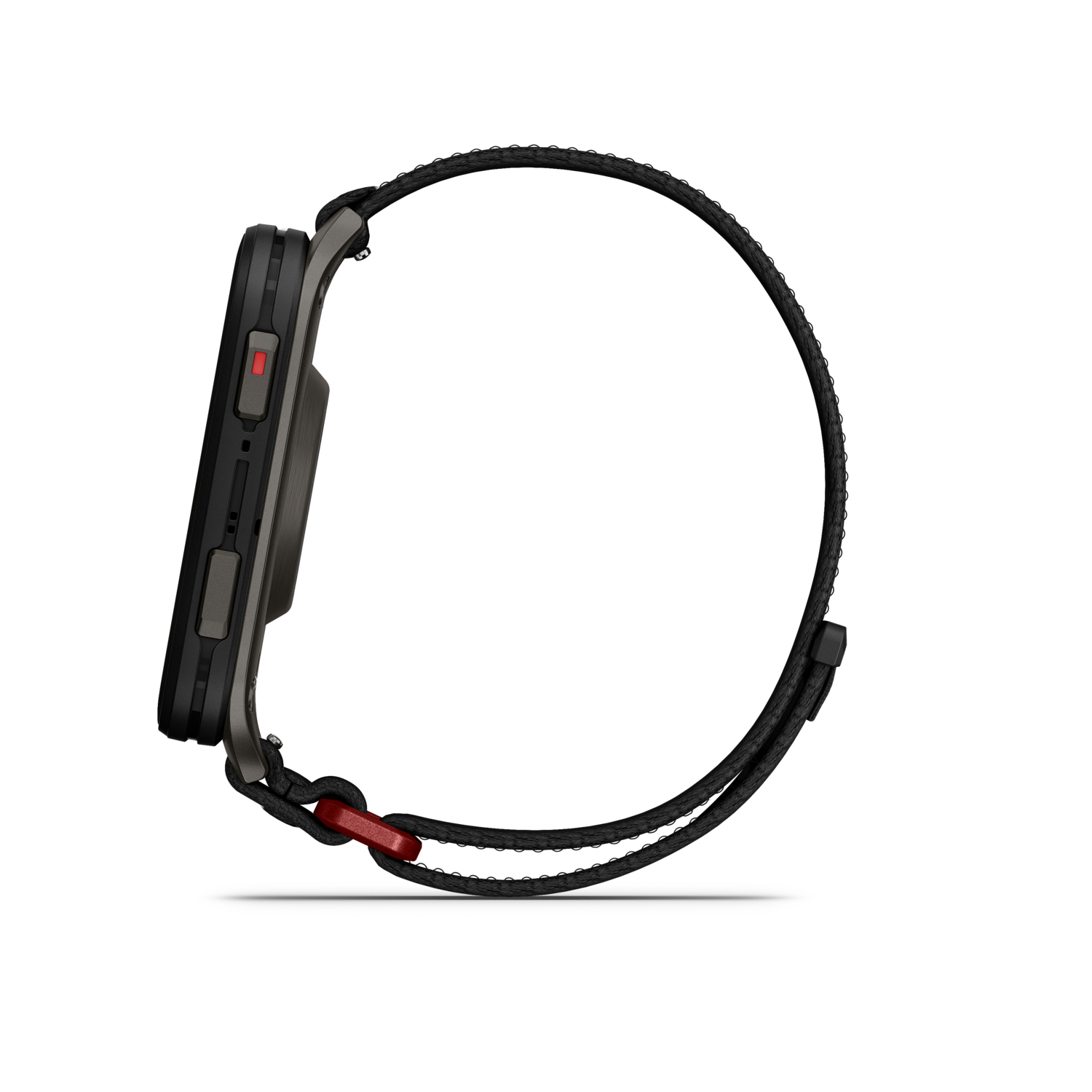 Zijaanzicht van een smartwatch met zwarte band en rode accenten. Het horloge is donkergrijs en zwart.