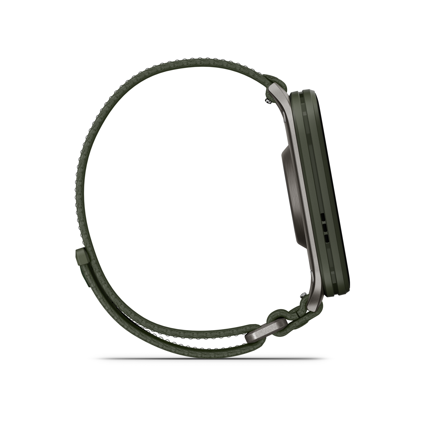 Side view of a smartwatch with a green strap. The watch is olive green with a metal frame. Black background.