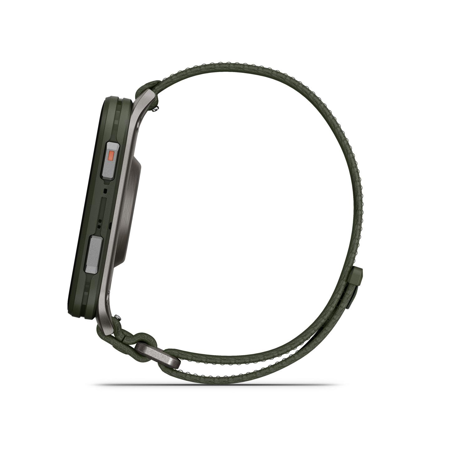 A side view of a dark green phone with a green strap. The phone has silver edges and a red button. Black background.