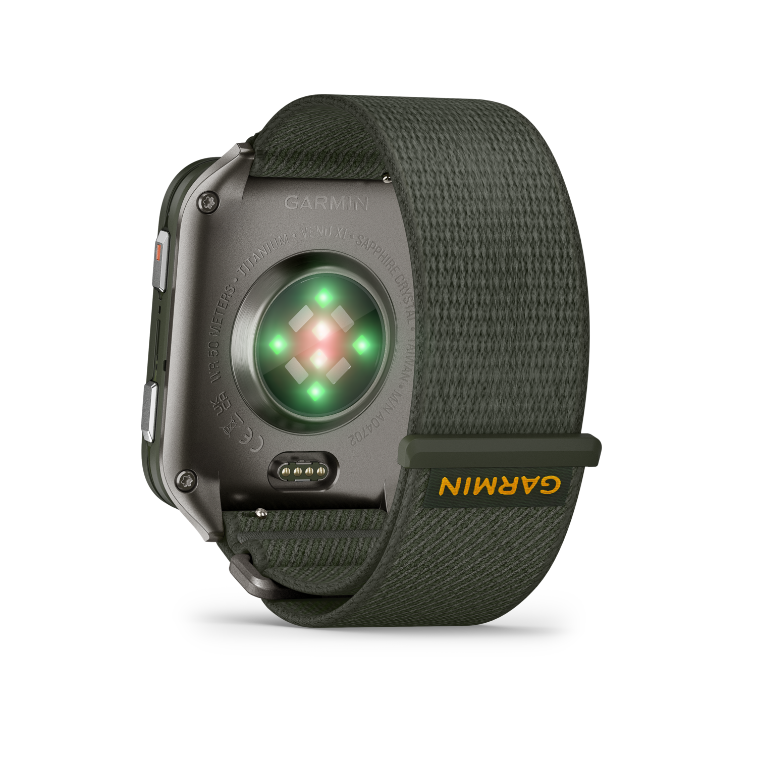 Garmin smartwatch, olive green strap, titanium case, heart rate sensors, and brand logo. Back view, isolated on black.