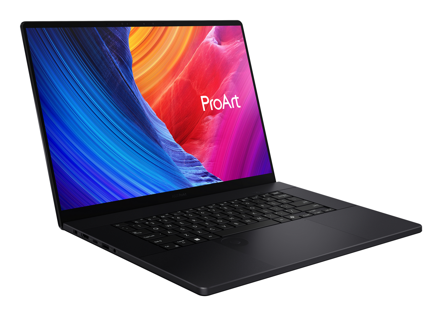 Ordenador portátil negro con pantalla que muestra arte abstracto colorido y la palabra "ProArt". Teclado visible.