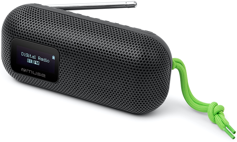 Fekete digitális rádió zöld zsinórral. Képernyőjén a 'Digital Radio BT|FM' felirat látható, ezüst antennával.