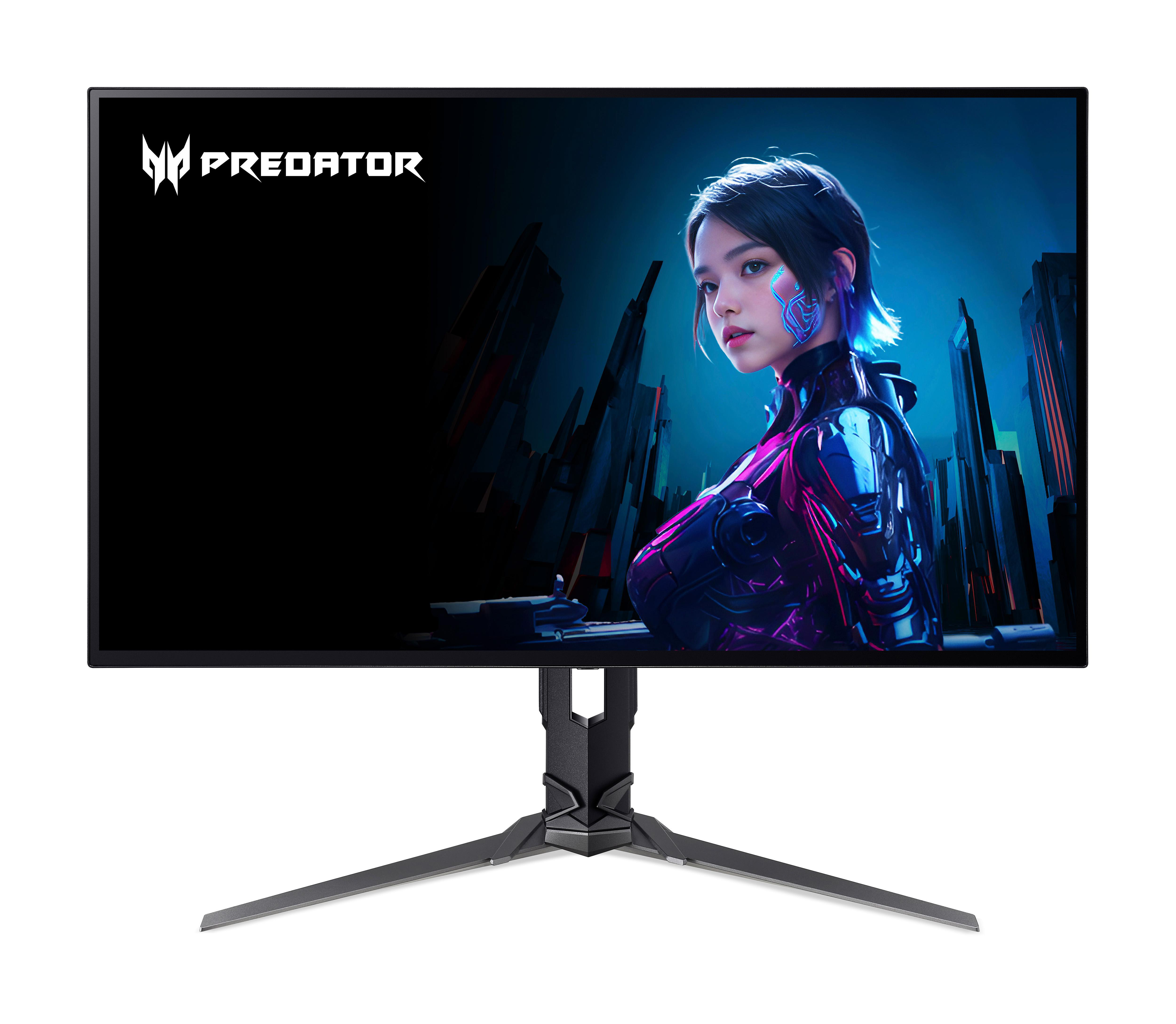 Ein Predator-Monitor zeigt eine futuristische Frau mit blauen Akzenten. Der Monitor steht auf einem Ständer, weißer Hintergrund.