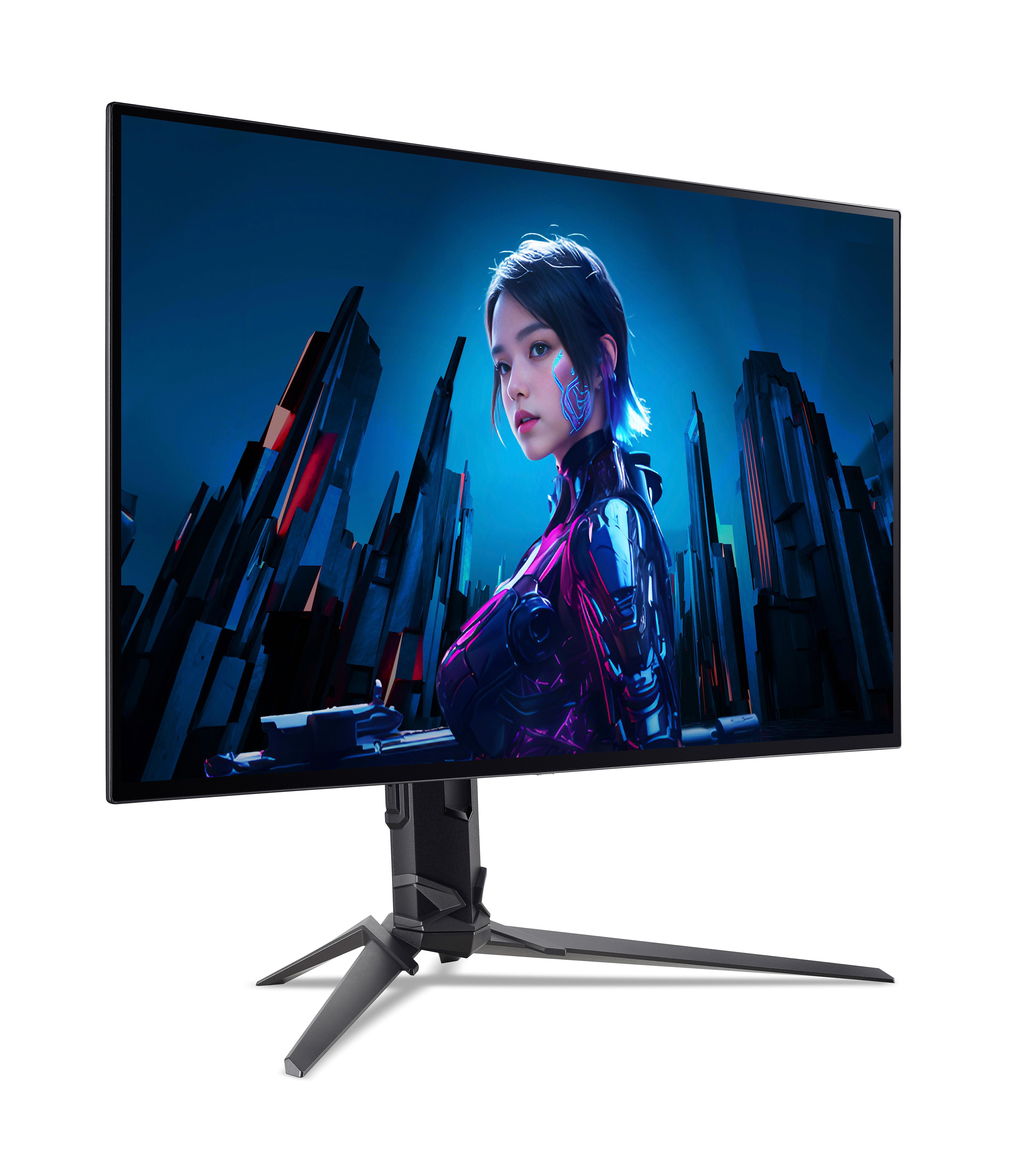 Monitor zeigt eine futuristische Frau in einer Stadtlandschaft. Der Monitor steht auf einem schwarzen Ständer vor weißem Hintergrund.