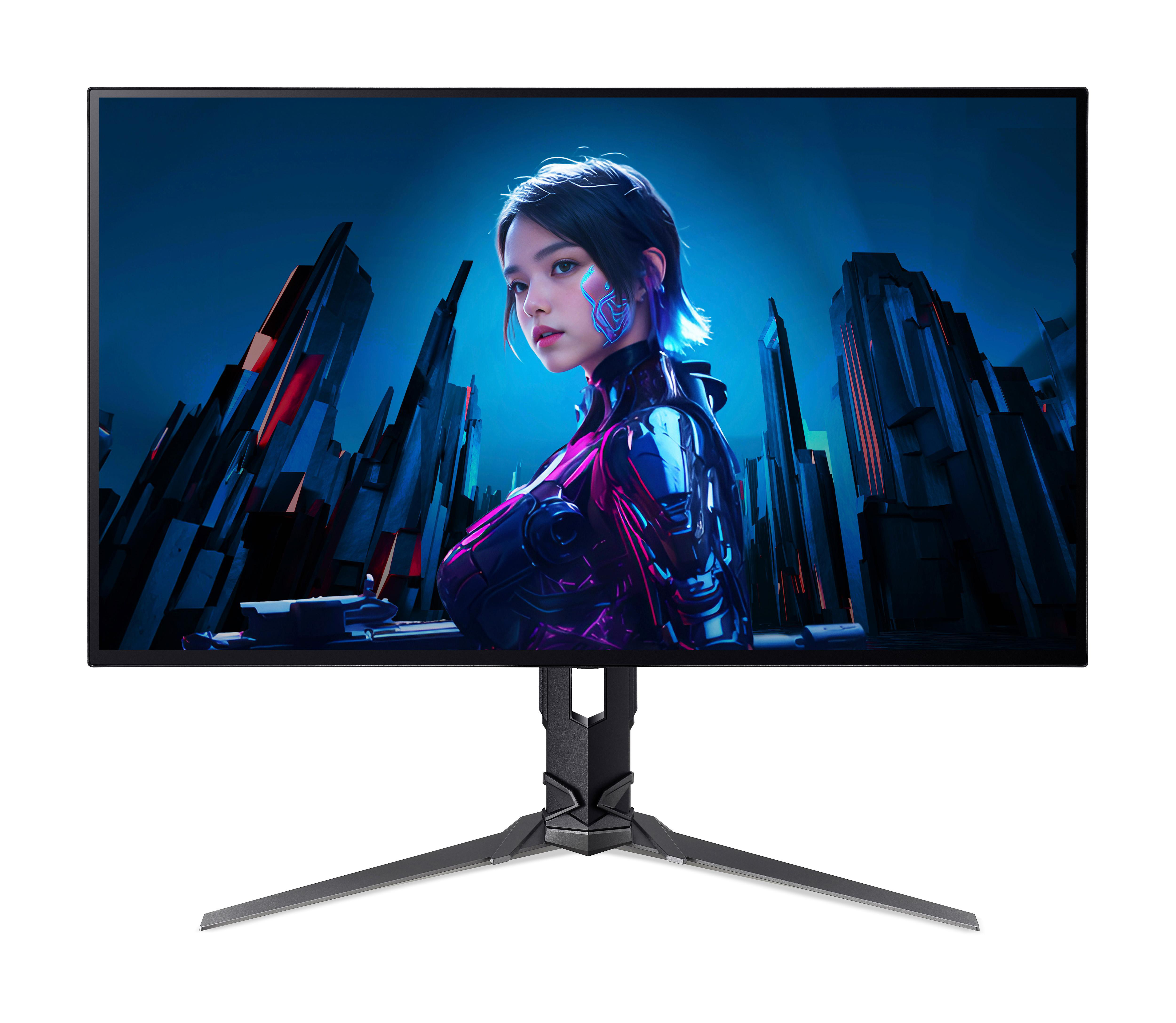 Der Monitor zeigt eine Frau in futuristischer Kleidung, im Hintergrund eine Stadtlandschaft. Der Monitor steht auf weißem Untergrund.