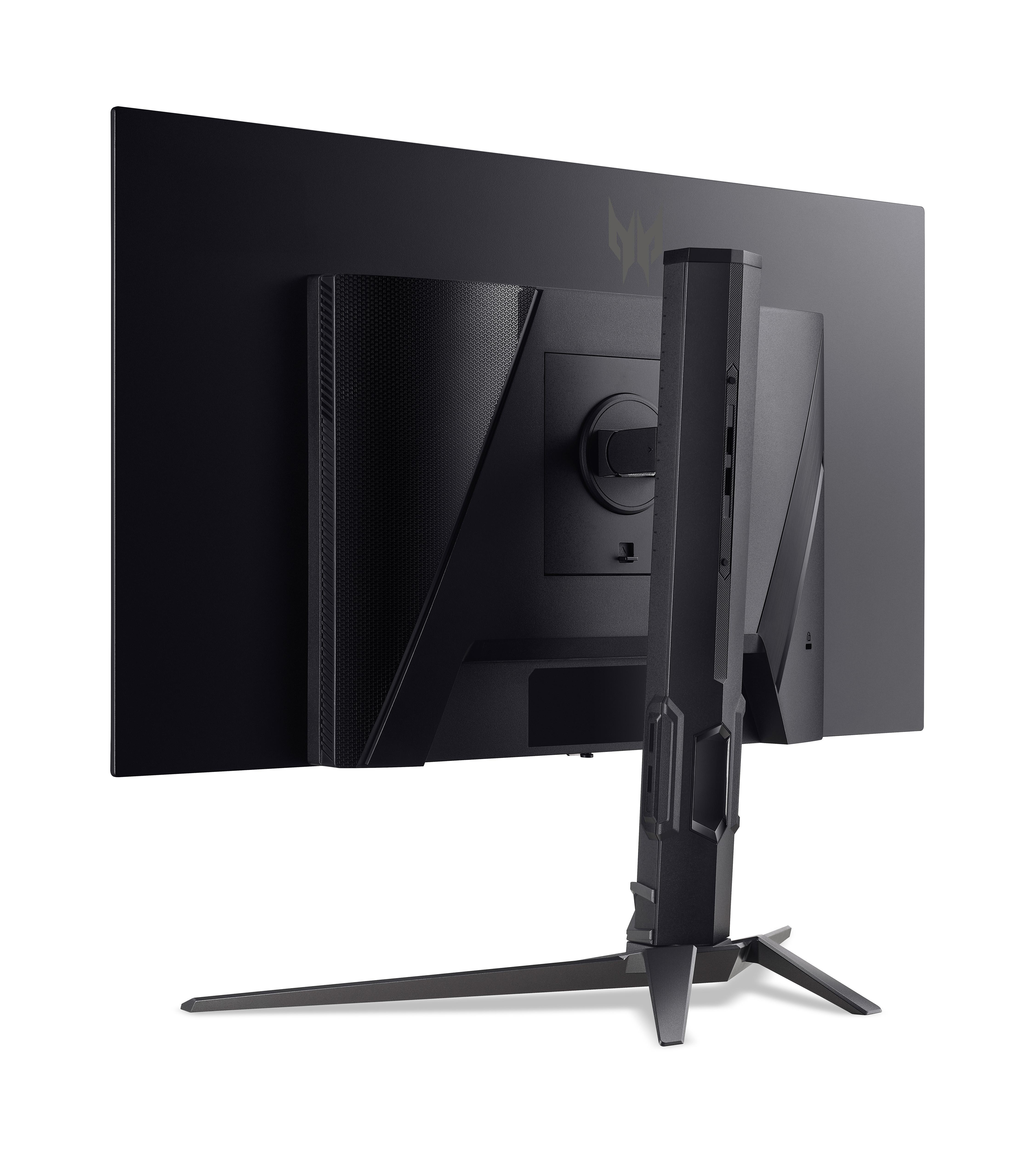 Schwarzer Computermonitor von hinten. Er hat einen Ständer und das Acer Predator Logo.
