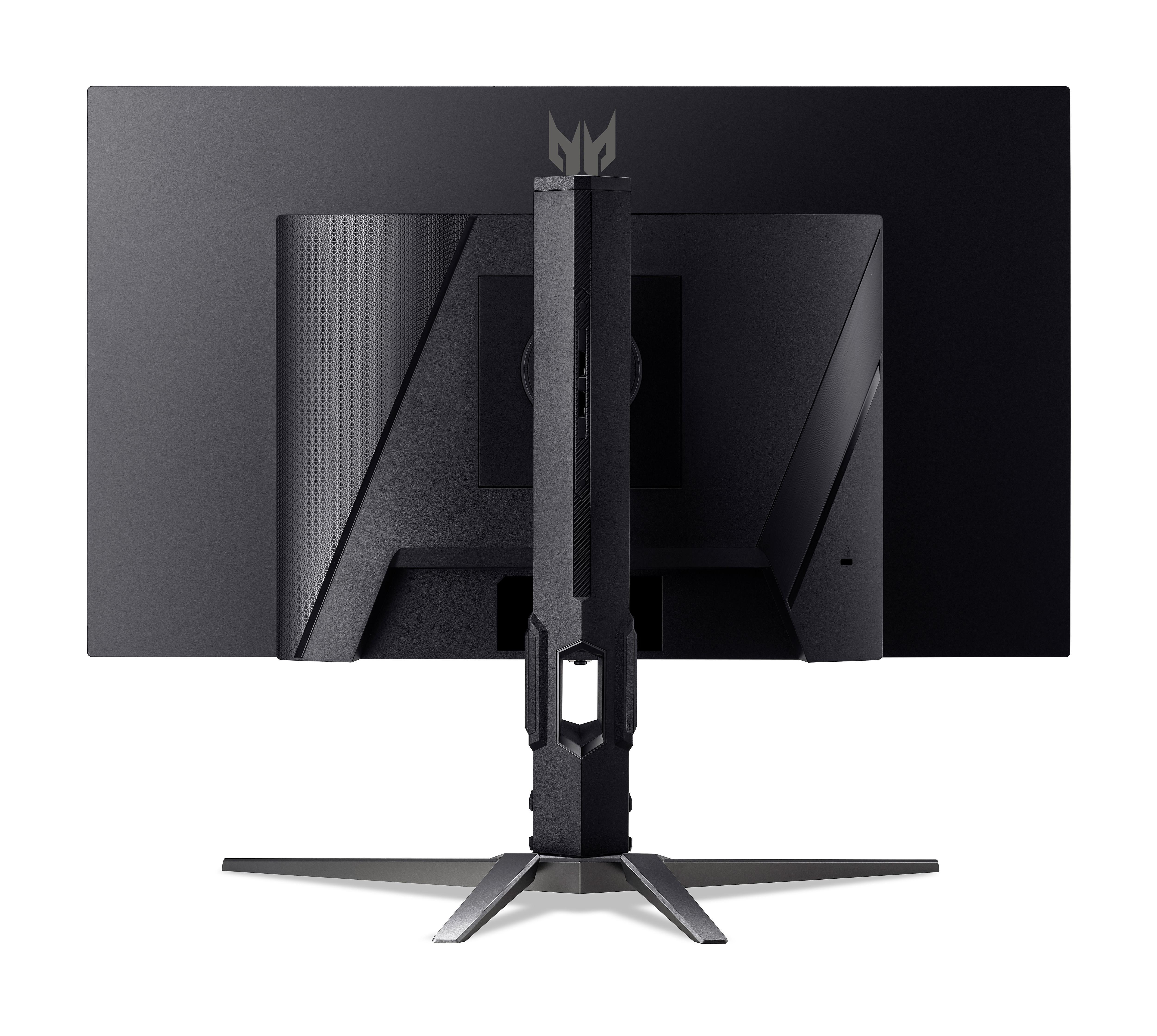 Schwarze Predator Gaming-Monitor-Rückansicht. Der Monitor befindet sich auf weißem Hintergrund. Der Ständer ist silber und schwarz.