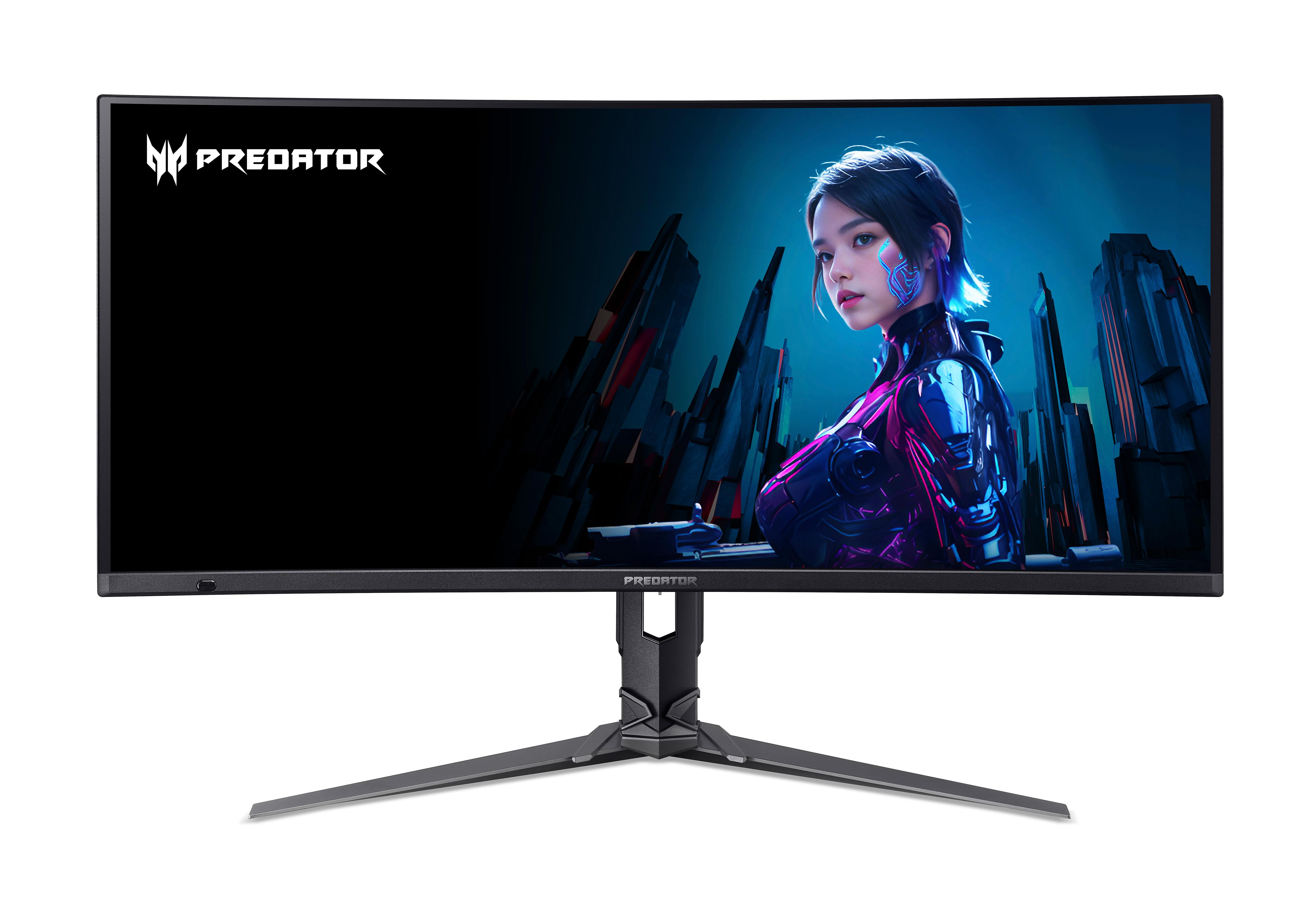 Ein gekrümmter Monitor zeigt eine futuristische Frau. Der Monitor hat einen schwarzen Rahmen und Sockel mit Predator-Logo.