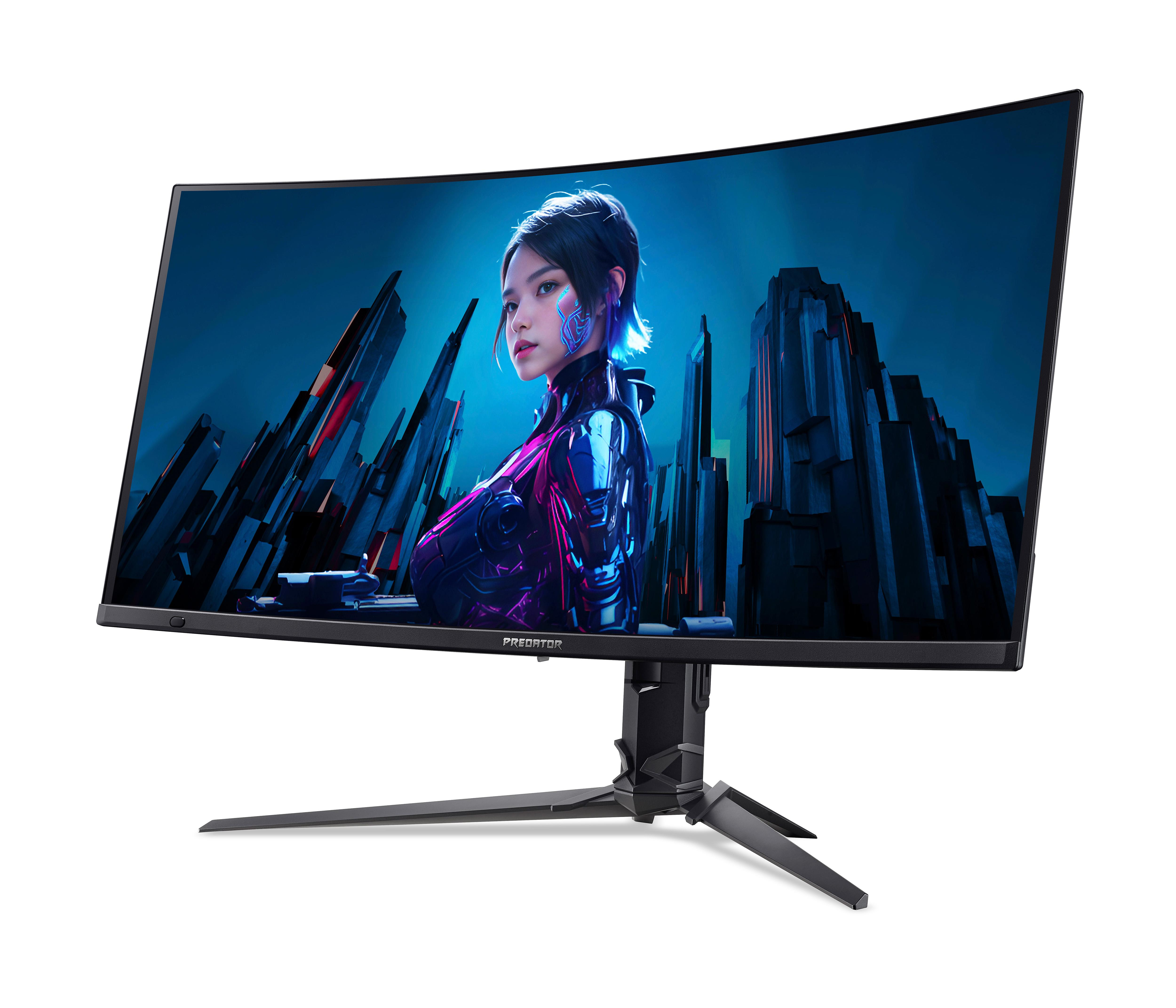 Der gewölbte Monitor zeigt eine futuristische Frau vor einem blauen Stadtpanorama. Der Monitor hat einen schwarzen Ständer.