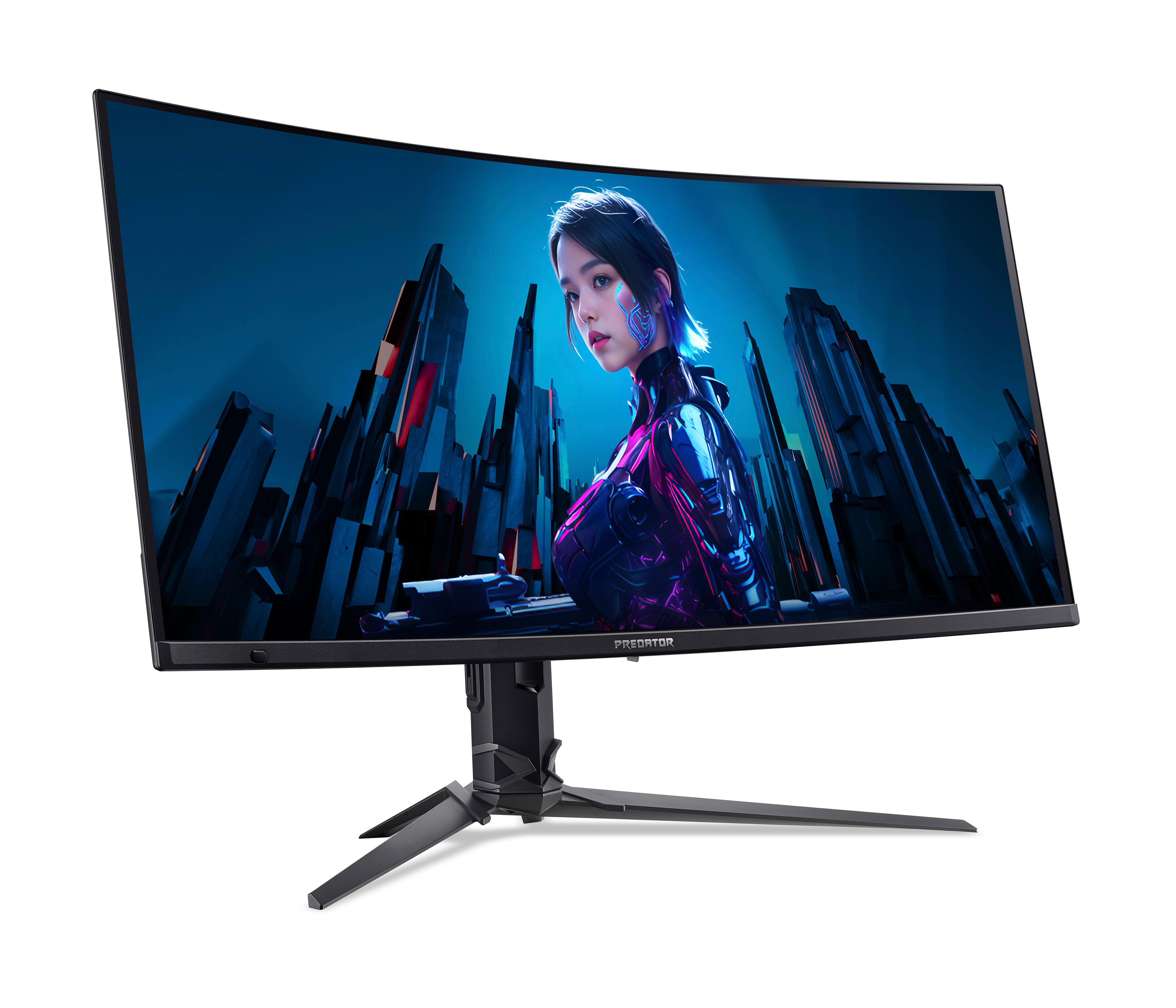 Gebogener Gaming-Monitor, der eine Frau mit kybernetischen Verbesserungen vor einer futuristischen Stadtlandschaft zeigt. Schwarzer Ständer.
