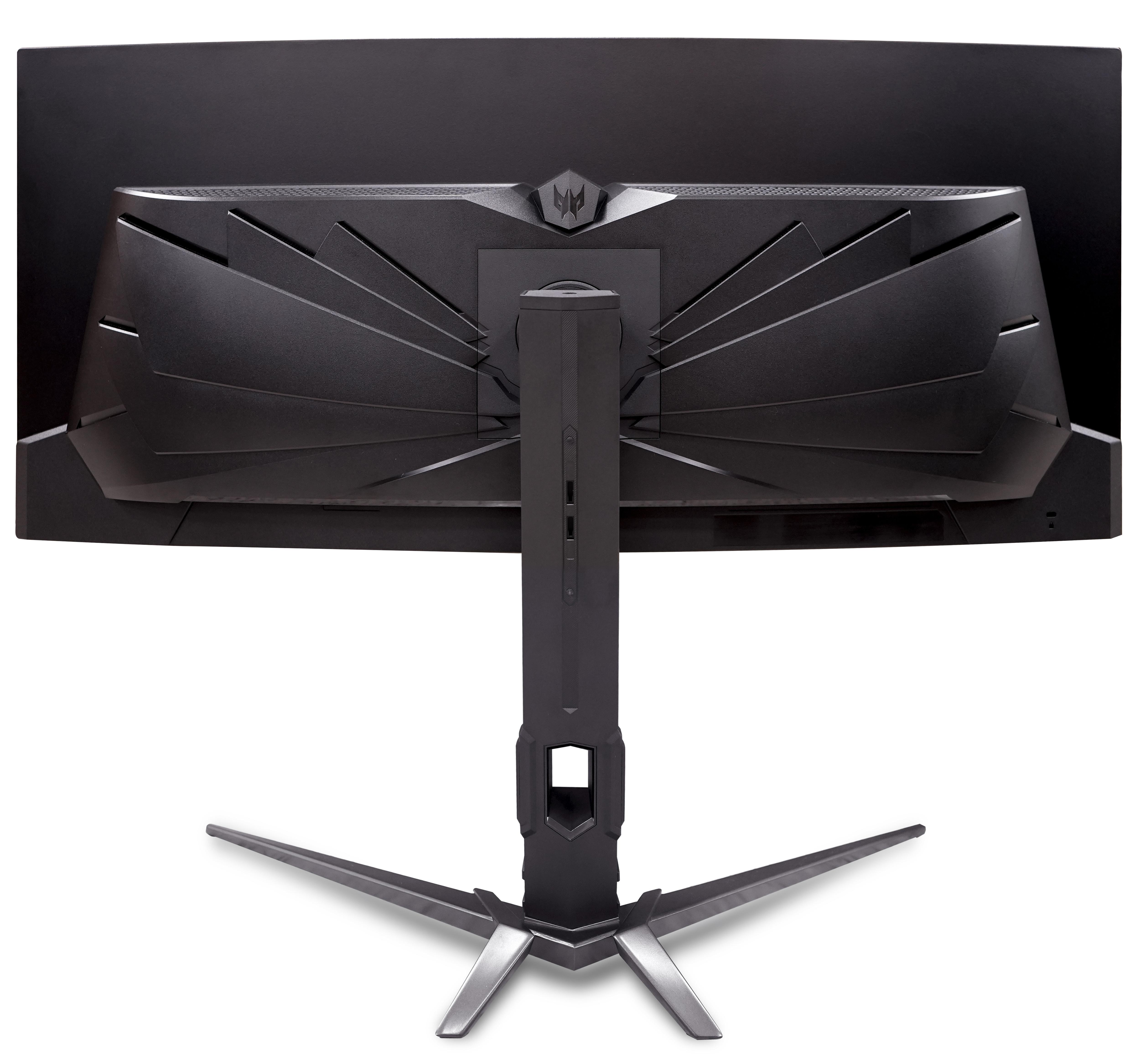 Schwarze Computermonitorrückseite mit Ständer. Es hat ein Logo und einen dreizackigen Sockel auf weißem Grund.