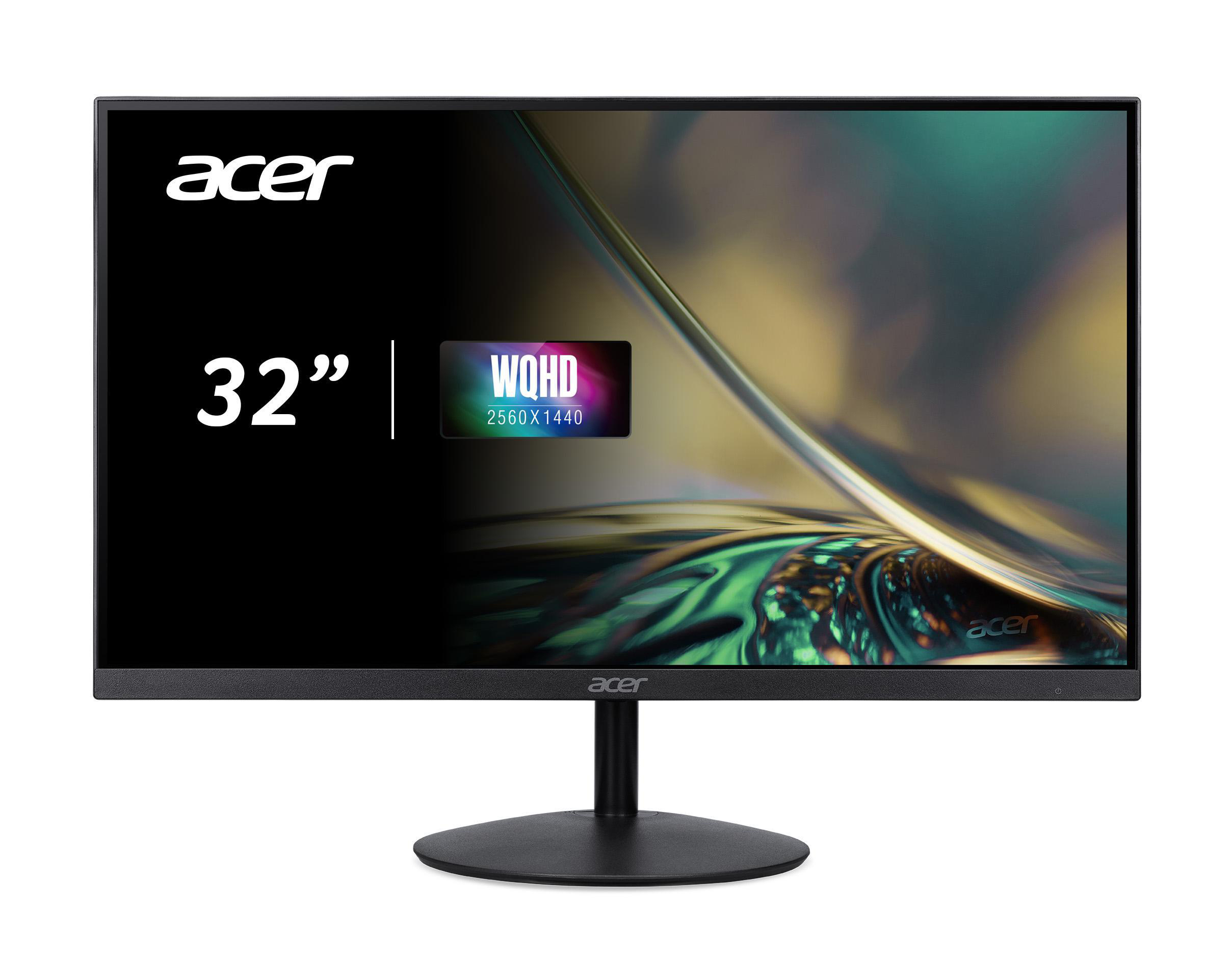 Schwarzer Acer 32" Monitor mit WQHD-Auflösung. Der Bildschirm zeigt ein farbenfrohes abstraktes Design. Der Ständer ist schwarz.