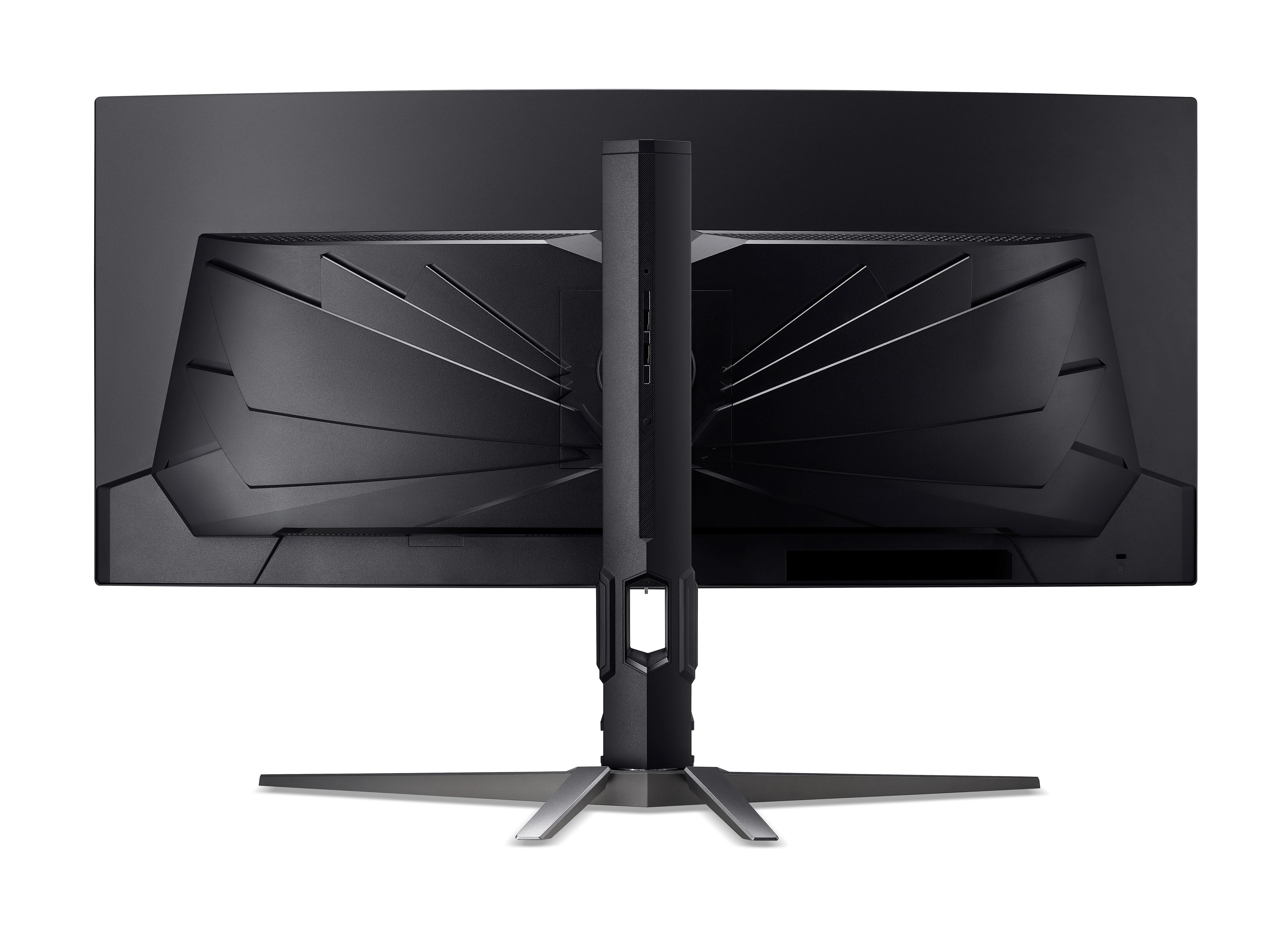 Rückseite eines schwarzen, gebogenen Monitors, Ständer zentriert. Der Monitor hat ein strukturiertes Design und einen silbernen Ständer.