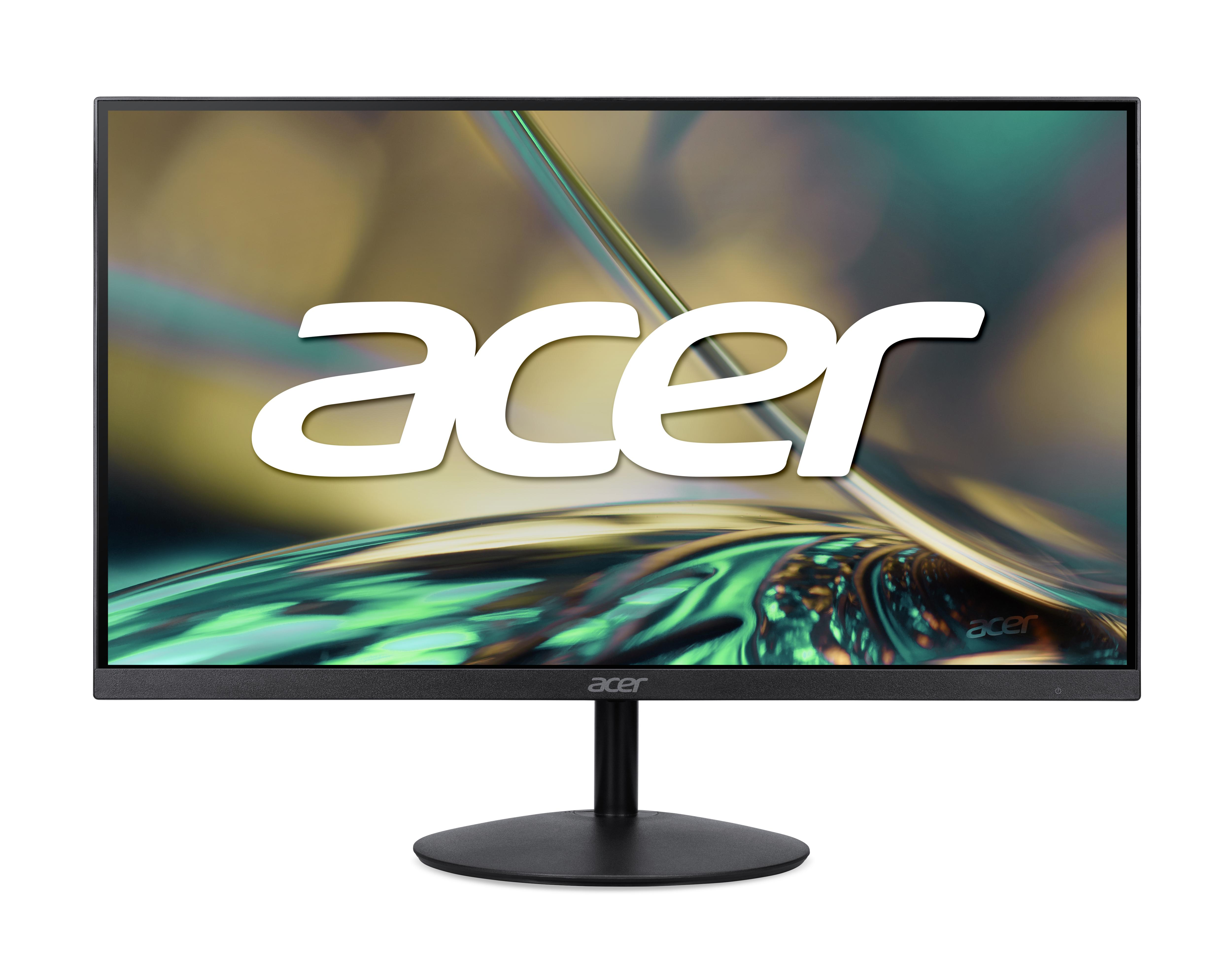 Acer-Monitor auf Weiß. Das Display zeigt das Acer-Logo. Der Bildschirm hat ein abstraktes Design in Grün, Gold und Blau.