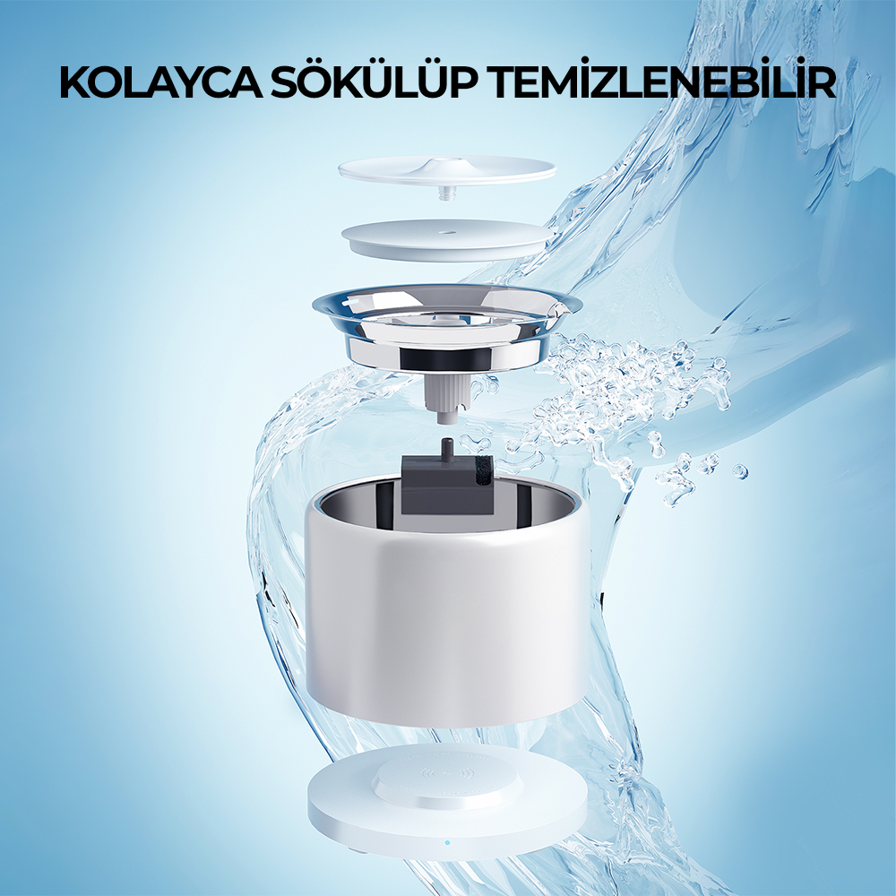 Kolay temizlik için demonte edilmiş beyaz ve gümüş renkli bir cihazın diyagramı, su sıçramalarıyla. Mavi arka plan.