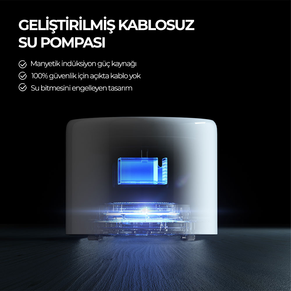 Ortasında mavi ışık olan beyaz kablosuz su pompası. Metin: Geliştirilmiş Kablosuz Su Pompası.