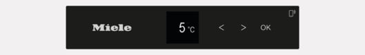 Fekete kijelző, 'Miele', 5°C, nyilak és 'OK' feliratokkal. Világosszürke háttéren.