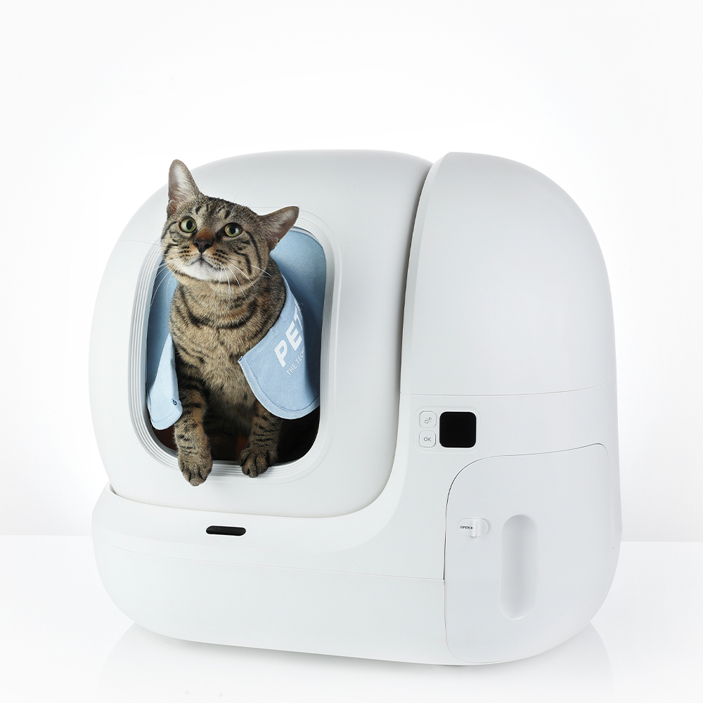 Mavi pelerinli kedi, beyaz otomatik bir tuvalet kabının içinde oturuyor. Kedi kahverengi tekir. Kutu üzerinde kontrol düğmeleri var.