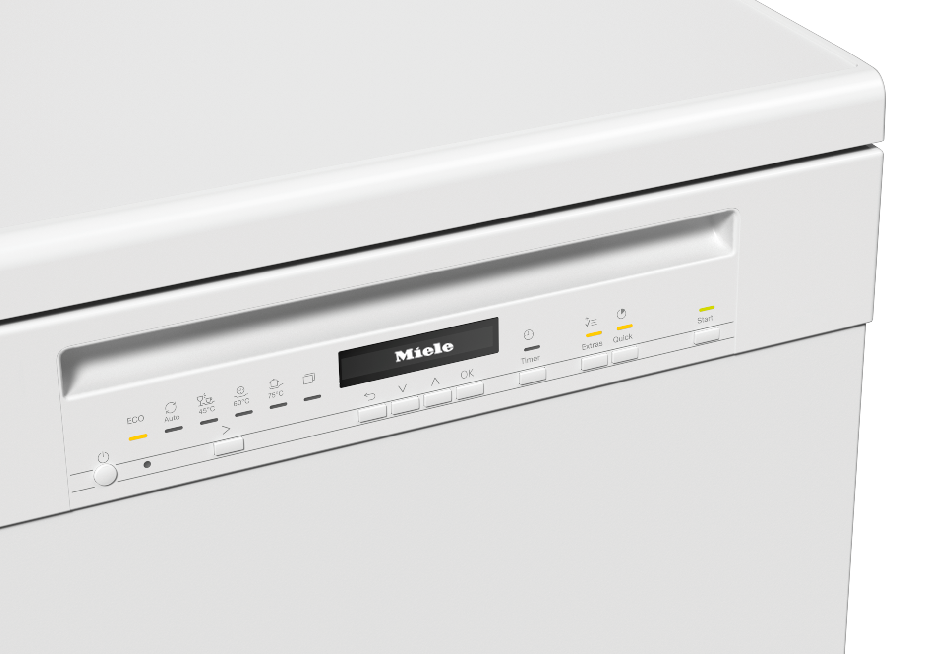 Fehér Miele mosogatógép vezérlőpaneljének közeli képe. Jellemzők: ECO, Auto, 45°C, 60°C, 75°C, Időzítő, Extrák, Gyors, Start gombok.