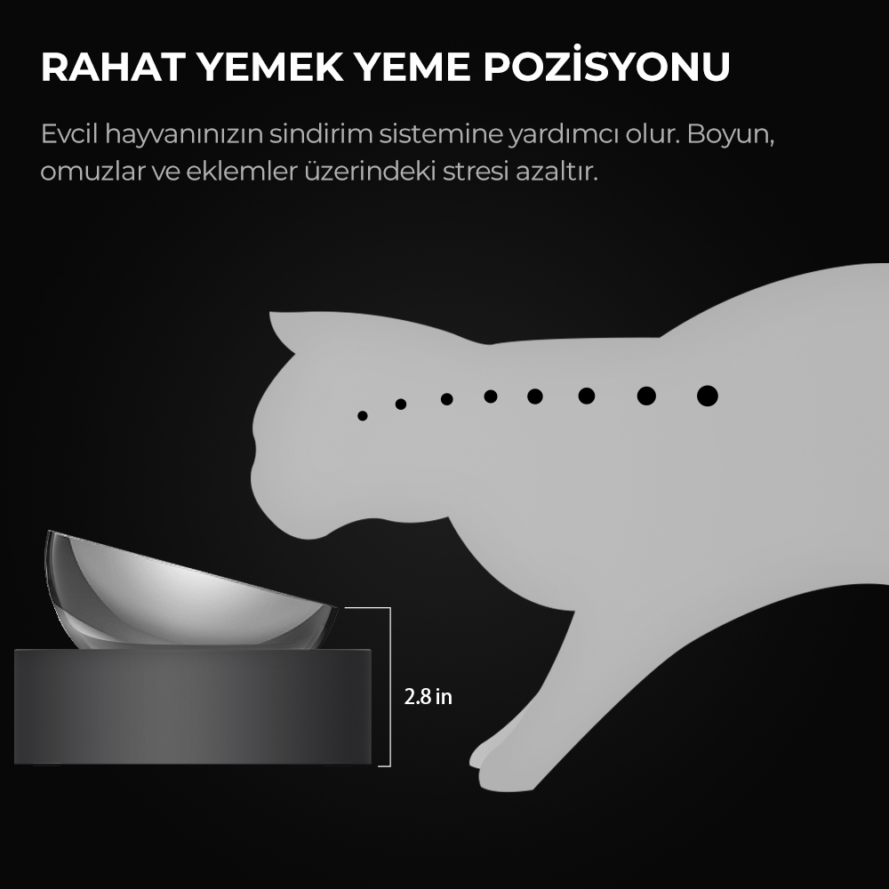 Görselde bir kedi silüeti, bir mama kabı ve Türkçe metin yer alıyor. Kase 2.8 inç yüksekliğinde.