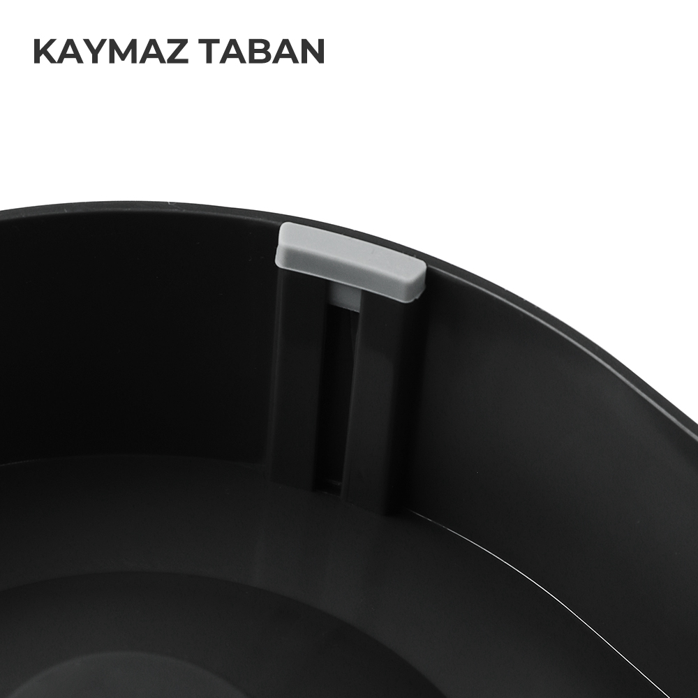 Gri sapa sahip siyah plastik bir kabın yakın çekimi. Üstte 'KAYMAZ TABAN' metni var.