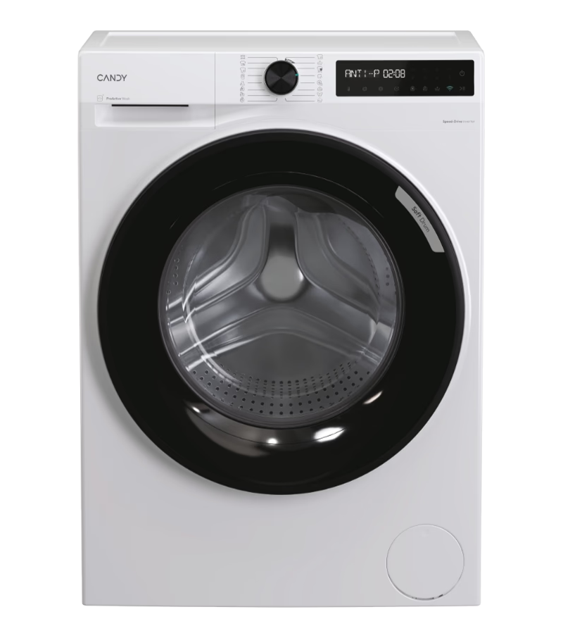 Lave-linge Candy blanc. Cadre de porte noir. L'écran affiche l'heure. Bouton de commande et boutons. Étiquette Soft Drum.
