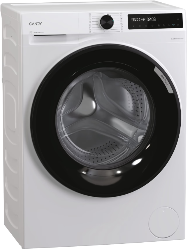 Lave-linge Candy blanc. Porte noire avec verre. Panneau de commande en haut avec écran. Texte Soft Drum à droite.