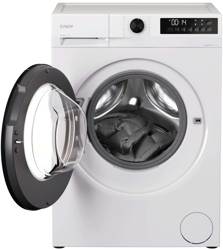 Lavatrice bianca con porta aperta. All'interno, tessuto grigio. Comandi e display digitale visibili.