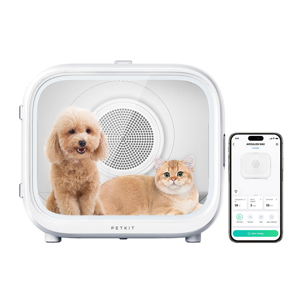 Beyaz bir evcil hayvan kurutucusunun içinde bir köpek ve bir kedi, telefon ayarları ile. Kurutucu PETKIT markasına sahip.