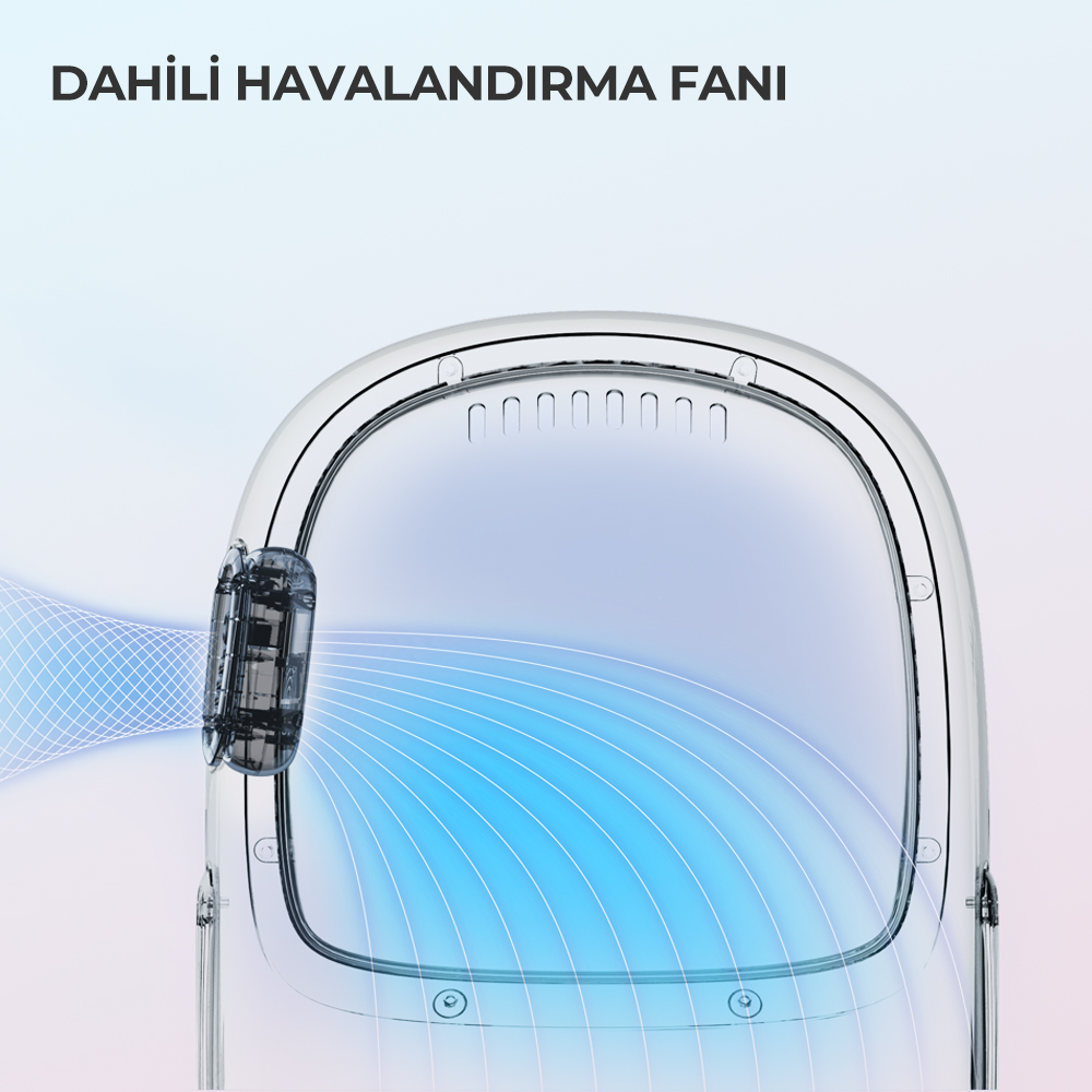Fan benzeri yapıda şeffaf, berrak nesne. Mavi hava akışı hatları görünür. Metin 'DAHILI HAVALANDIRMA FANI' diyor.