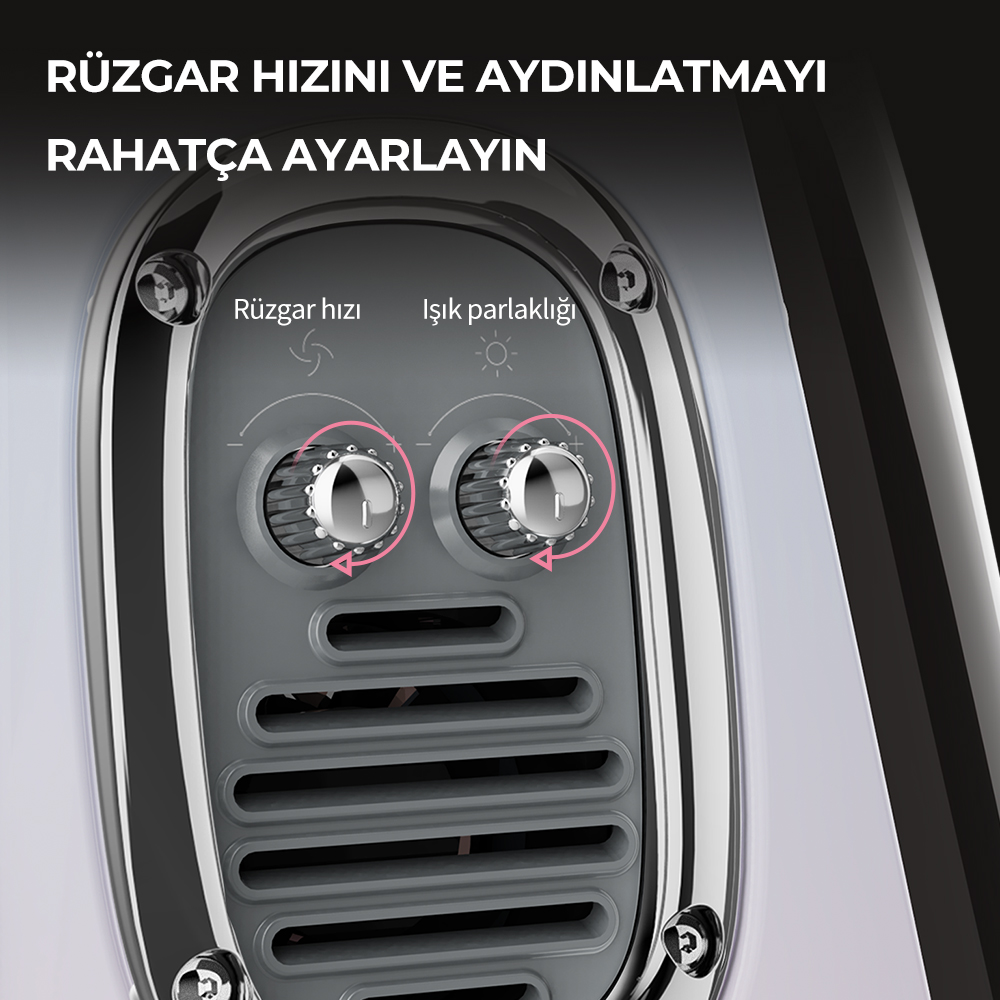 Rüzgar hızı ve parlaklığı ayarlamak için iki düğmeli bir cihazın yakın çekimi. Gri ve gümüş renkler mevcut.