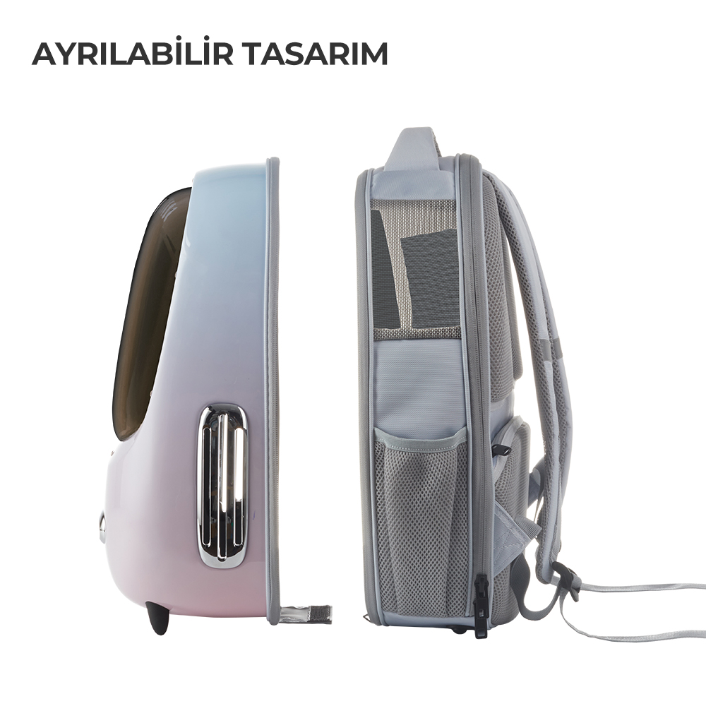 Bölünmüş evcil hayvan taşıyıcı sırt çantası. Ön kısım pembe/mavi, arka kısım gri. Tasarım 'AYRILABILIR TASARIM' olarak etiketlenmiş.
