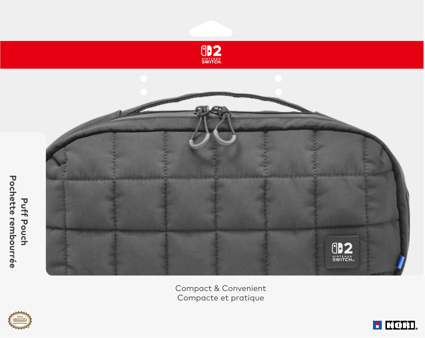 Szara, pikowana torba Nintendo Switch Puff Pouch, z czerwonym wierzchem, logo Nintendo Switch i logo Hori. Tekst brzmi 'Compact & Convenient'.
