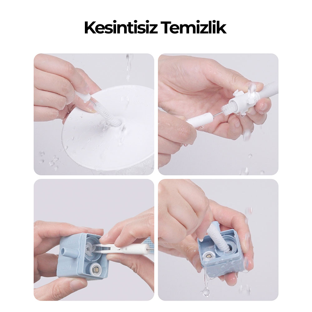 Eller fırça ile nesneleri temizliyor. Beyaz ve mavi parçalar temizleniyor. Su akıyor. Üstte 'Kesintisiz Temizlik' yazısı.