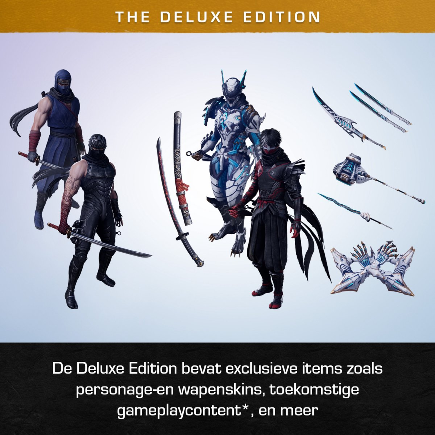 De Deluxe Edition bevat ninja-personages, wapens en andere items. De achtergrond is lichtblauw en de tekst is in het Nederlands.