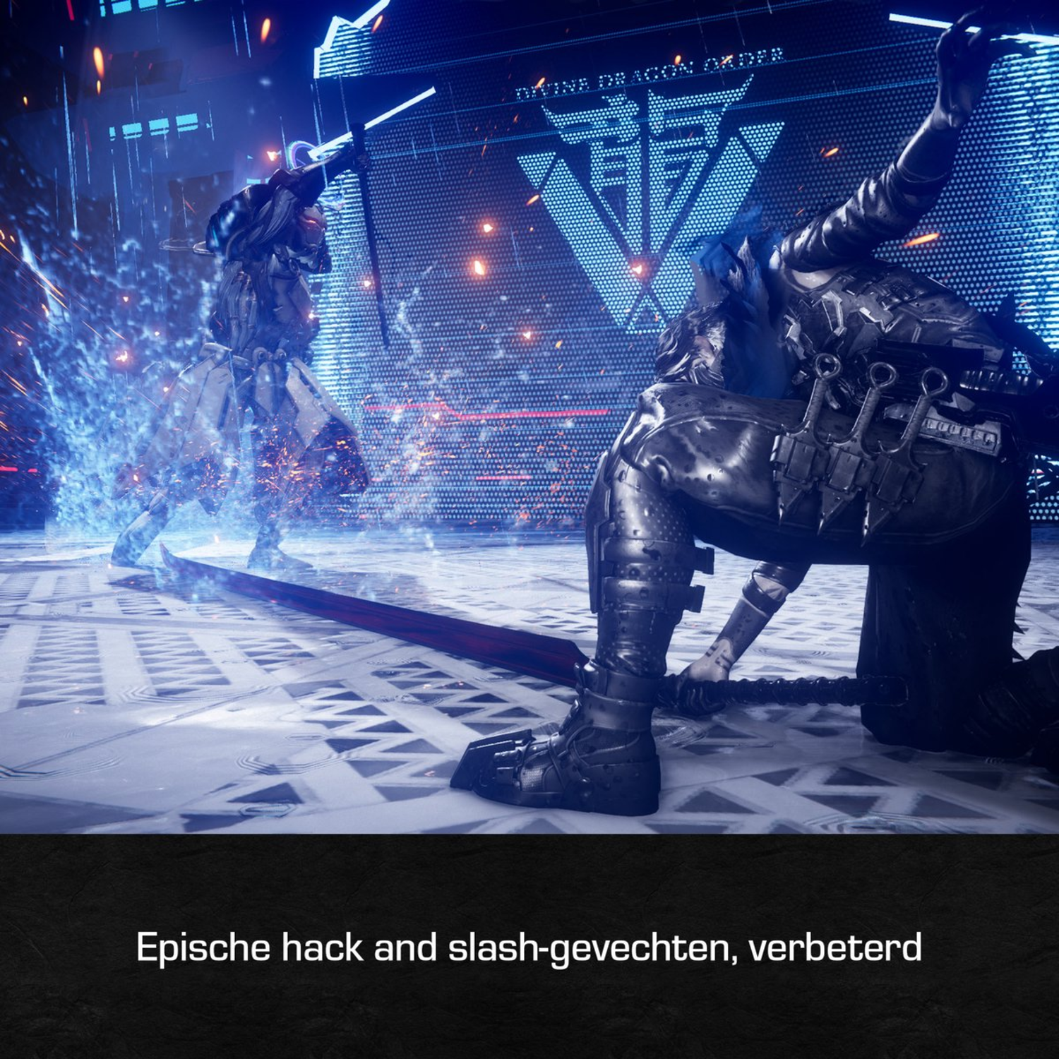 Twee figuren in futuristisch harnas vechten met zwaarden. Blauwe energie omringt hen. Achtergrond met neonbord.