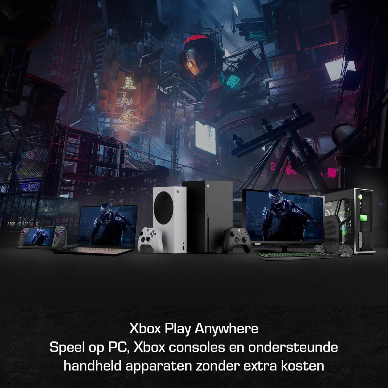 Gaming-apparaten: Laptop, handheld, Xbox Series S, X, pc. Cyberpunk-achtergrond. Tekst: Xbox Play Anywhere.